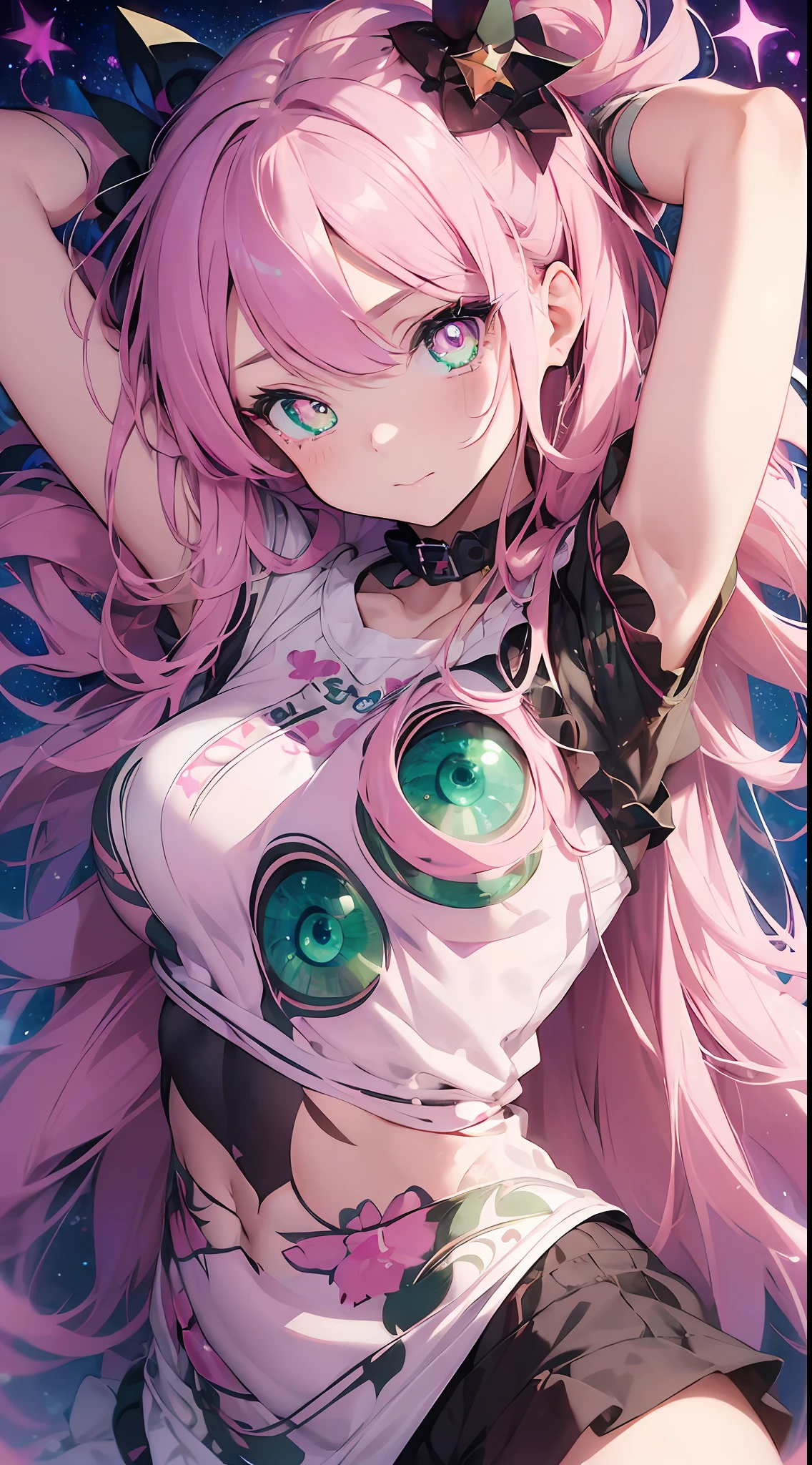 (((Masterpiece))) (1 girl) (pink hair, long hair, straight hair, both sides up) (green eyes), beautiful face, eyeshadow, eyeliner, glow eyes, hyper detail eyes, complex eyes, beautiful eyes, detailed eyes, ((star-shaped pupils, glowing pink pupils)) 18-year-old girl. ((Humph)). Smile. Full body. Floral background. Lie down.