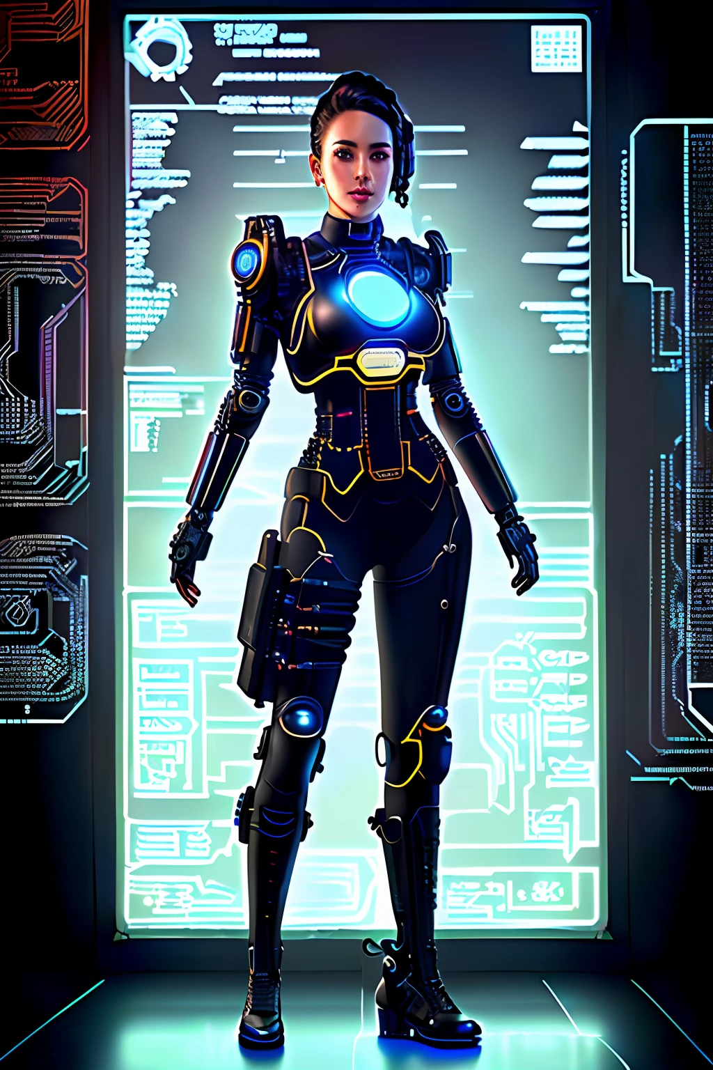 Cyborg of sympathetic full-body teacher with a cybernetic blackboard behind| Full Body Portrait| detailed face| symmetrical| steampunk| cyberpunk| cyborg | intricate detailed| scalar| hyperrealistic| cinematographic lighting| digital art| concept art| Style MDJRNY-V4