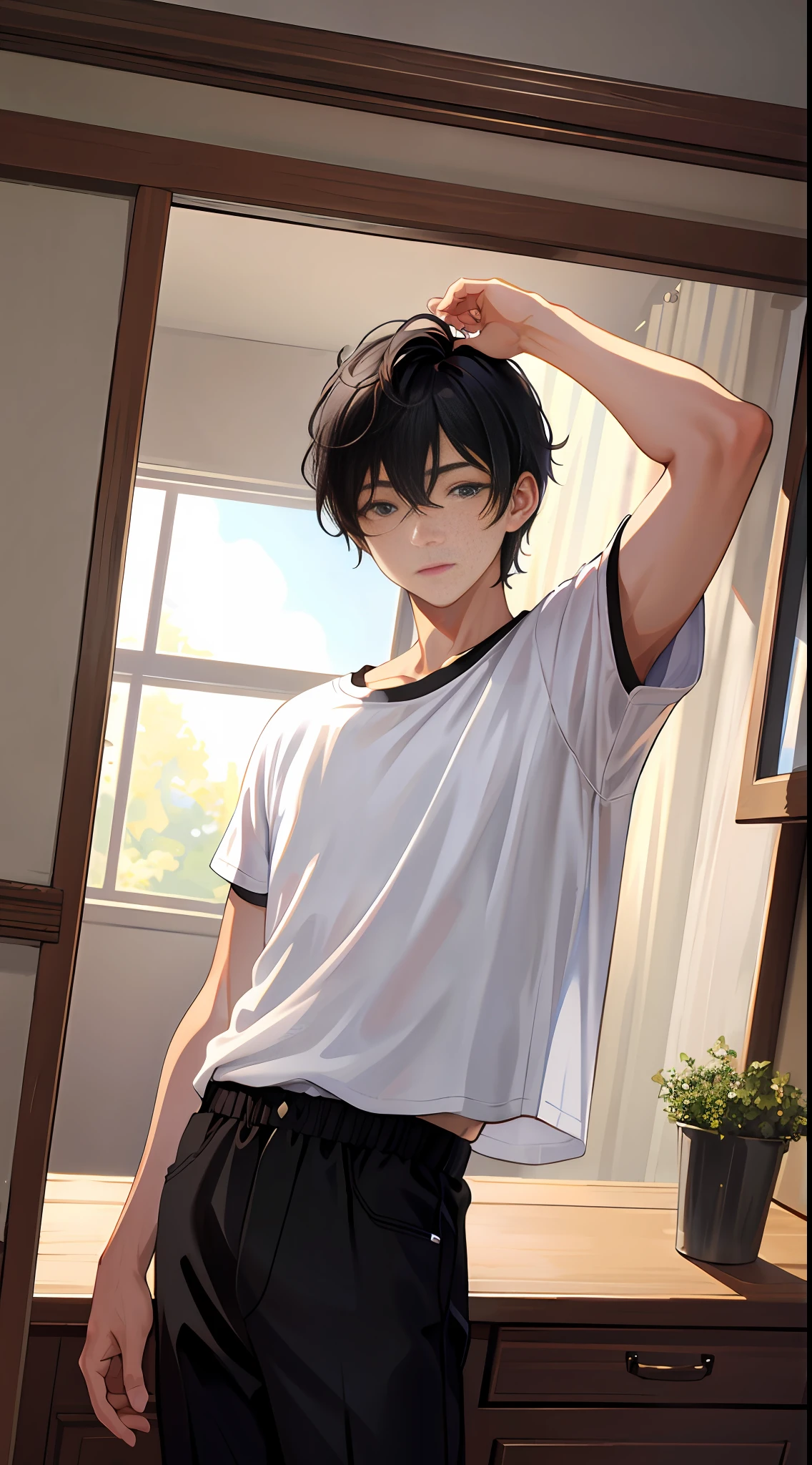 Masterpiece, best quality, super detailed, illustration, beautiful detailed eyes, super wide angle, far view, 1 boy, short black hair, comma hair, white t-shirt, black pants, at home