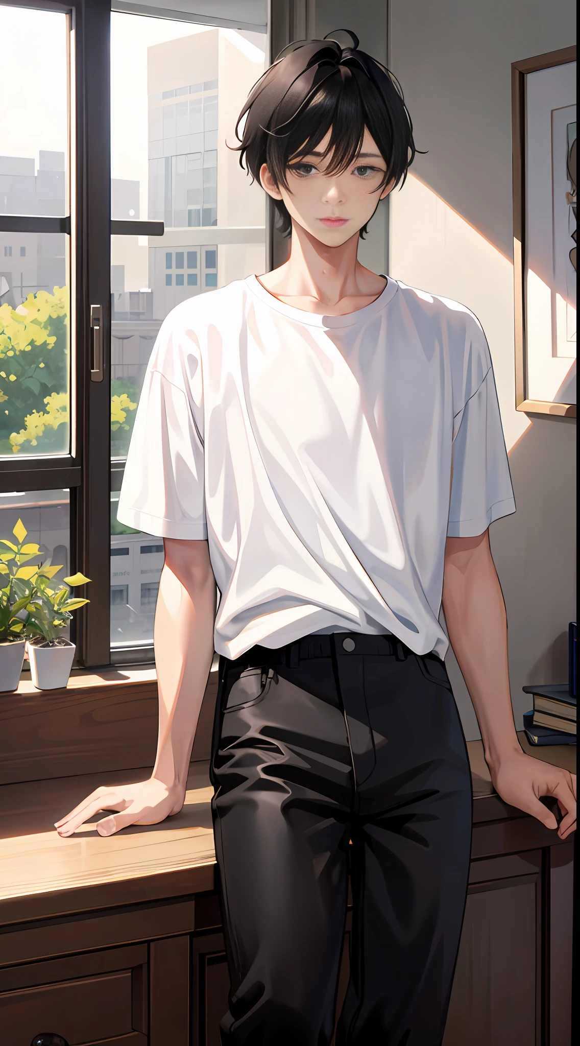 Masterpiece, best quality, super detailed, illustration, beautiful detailed eyes, super wide angle, far view, 1 boy, short black hair, comma hair, white t-shirt, black pants, at home