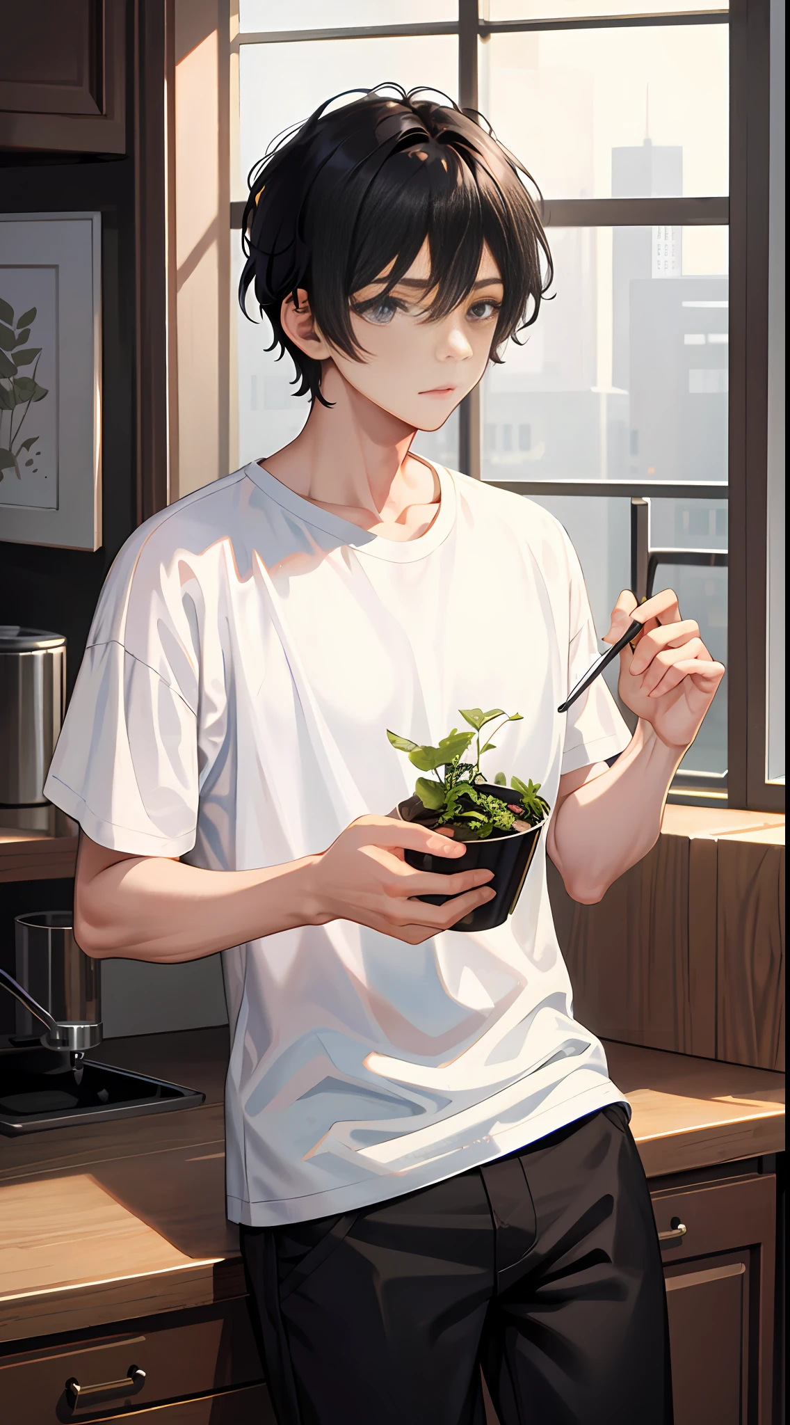 Masterpiece, best quality, super detailed, illustration, beautiful detailed eyes, super wide angle, far view, 1 boy, short black hair, comma hair, white t-shirt, black pants, at home