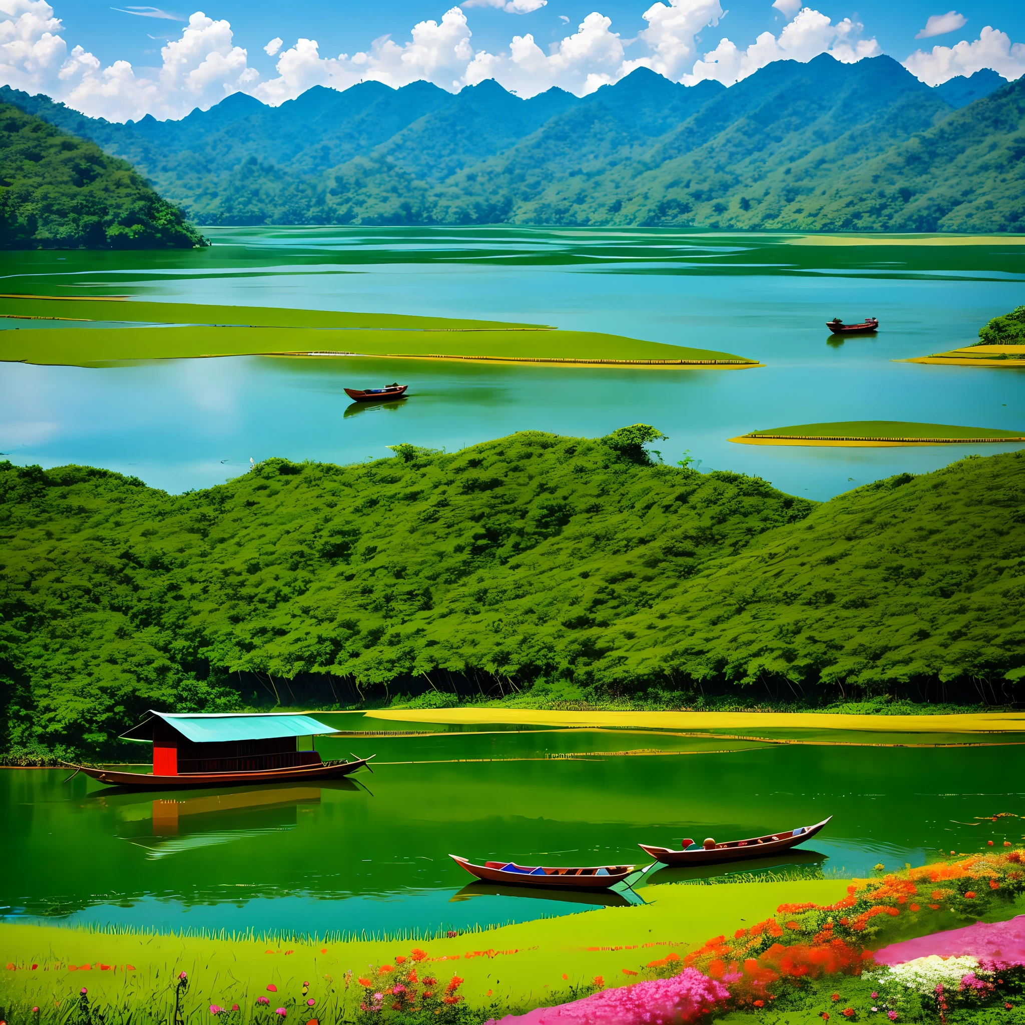 On the wide surface of the water, there are a lot of flowers and greens, including a small hut and a small boat in the water. Shan State's Inlay Lake.