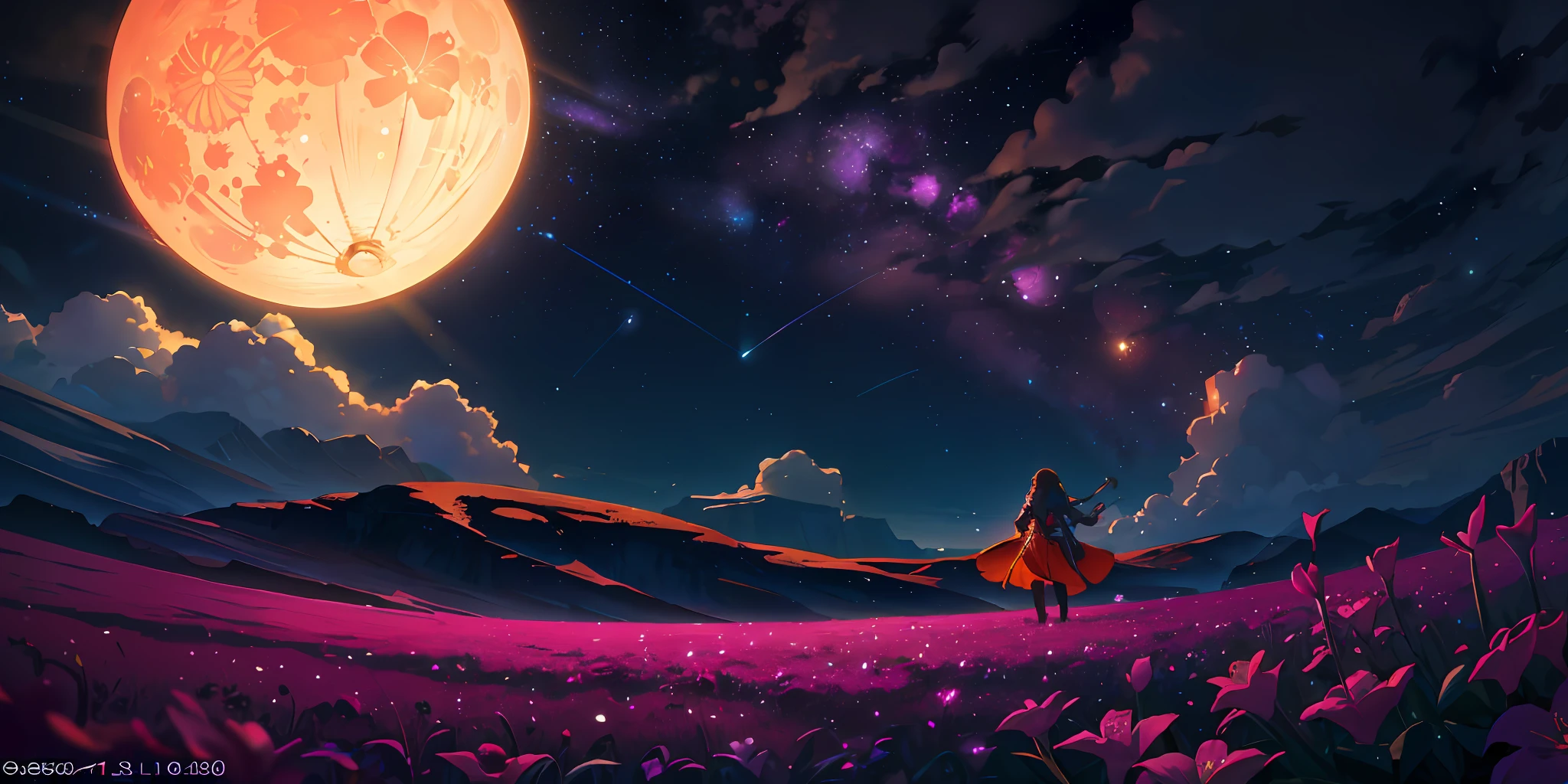 Vast landscape photos, (from below, the sky above, open fields below), a girl standing on a flower field looking up, (Full Moon: 1.2), (Meteor: 0.9), (Nebula: 1.3), Far Mountains, Trees BREAK Making Art, (Warm Light Source: 1.2), (Firefly: 1.2), Lights, Lots of Purple and Orange, Intricate Detailing, Volumetric Lighting, Realism BREAK (Masterpiece: 1.2), (Best Quality), 4K, Ultra-Detailed, (Dynamic Composition: 1.4), Very Detailed, Colorful Detail, (Iridescent Color: 1.2), (Glow Illumination, Atmospheric Lighting), Dreamy, Magical, (Solo: 1.2)