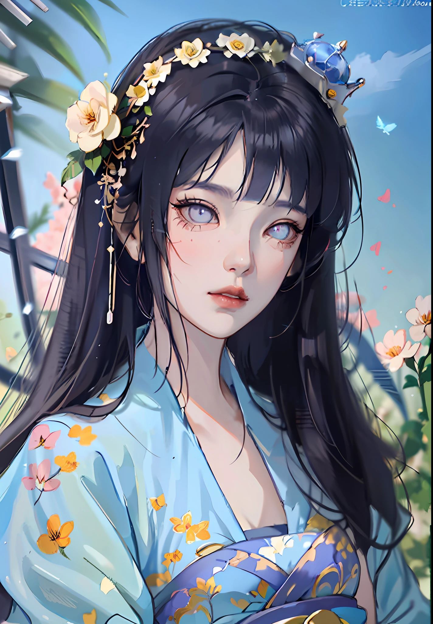 anime girl with dark blue hair wearing a blue dress, artwork in the style of guweiz, beautiful anime portrait, guweiz, beautiful anime girl, beautiful anime style, anime girl with dark blue hair, anime style. 8k, in the art style of bowater, beautiful digital illustration, beautiful character painting, stunning anime face portrait, ((blunt bangs)), purple eyes, (((flowers crown))),  surrounded by blue butterflies,  (((dynamic angle))), ((blunt bangs))