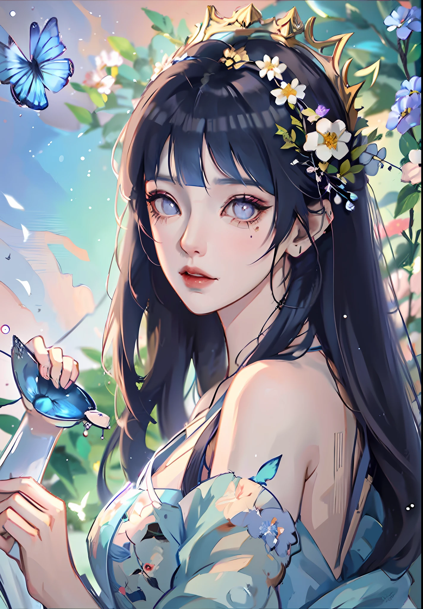 anime girl with dark blue hair wearing a blue dress, artwork in the style of guweiz, beautiful anime portrait, guweiz, beautiful anime girl, beautiful anime style, anime girl with dark blue hair, anime style. 8k, in the art style of bowater, beautiful digital illustration, beautiful character painting, stunning anime face portrait, ((blunt bangs)), purple eyes, (((flowers crown))),  surrounded by blue butterflies,  (((dynamic angle))), ((blunt bangs))