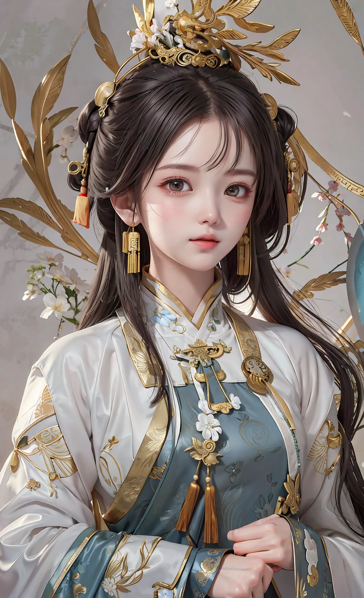 a girl, ancient chinese costume, white dress, suspender, full body, sunlight, clear face, clean white background, masterpiece, super detail, epic composition, ultra hd, high quality, extremely detailed, official art, uniform 8k wallpaper, super detail, 32k