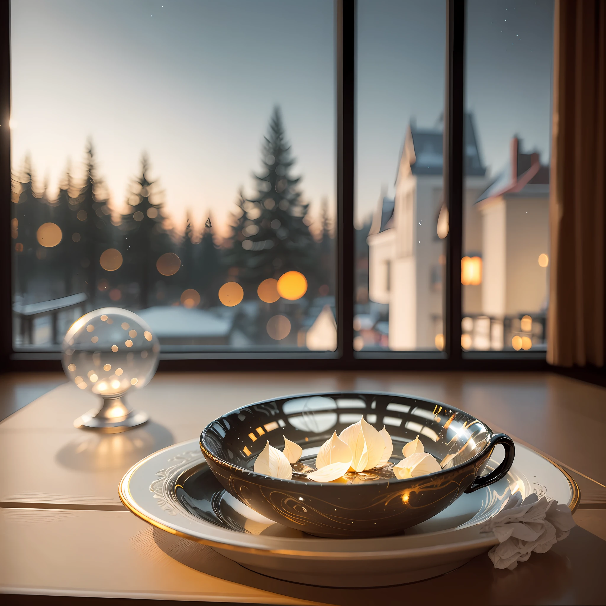 bowl world, night, night view, night light, outside the window, night light, curtains, carved black marble dining table, black table, depth of field, ((blurred background)),
Masterpiece, the best quality, super delicate, --auto --s2