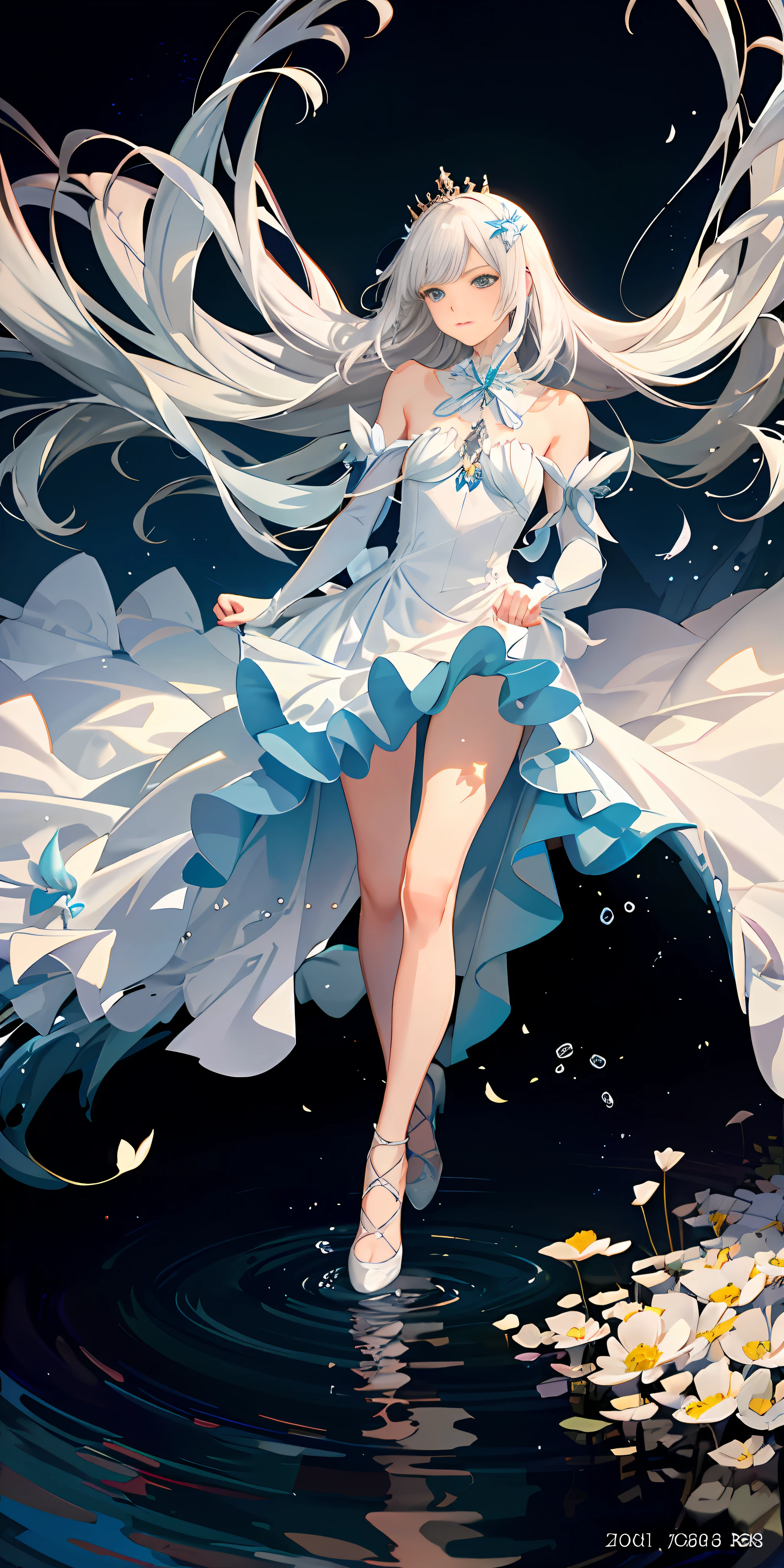 top quality, full body, high quality texture, fine grain, realistic facial expression, detailed skin, anime, girl, sexy, mixed, model, illustration, portrait, semi-real, princess, dress, white dress, fair skin, wind flower, meadow, water lake, sun, light, (small), gray hair, naked