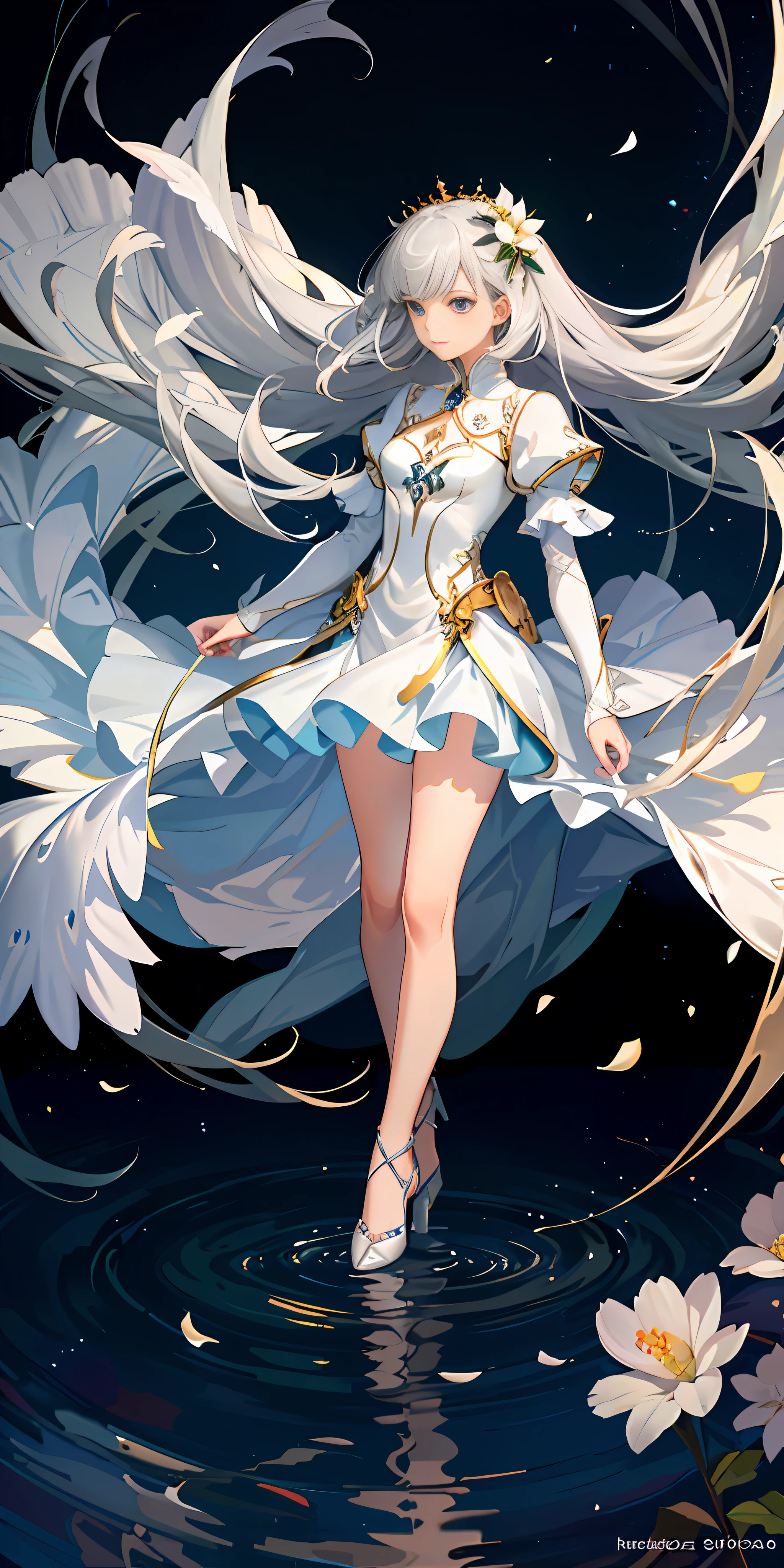 top quality, full body, high quality texture, fine grain, realistic facial expression, detailed skin, anime, girl, sexy, mixed, model, illustration, portrait, semi-real, princess, dress, white dress, fair skin, wind flower, meadow, water lake, sun, light, (small), gray hair, naked