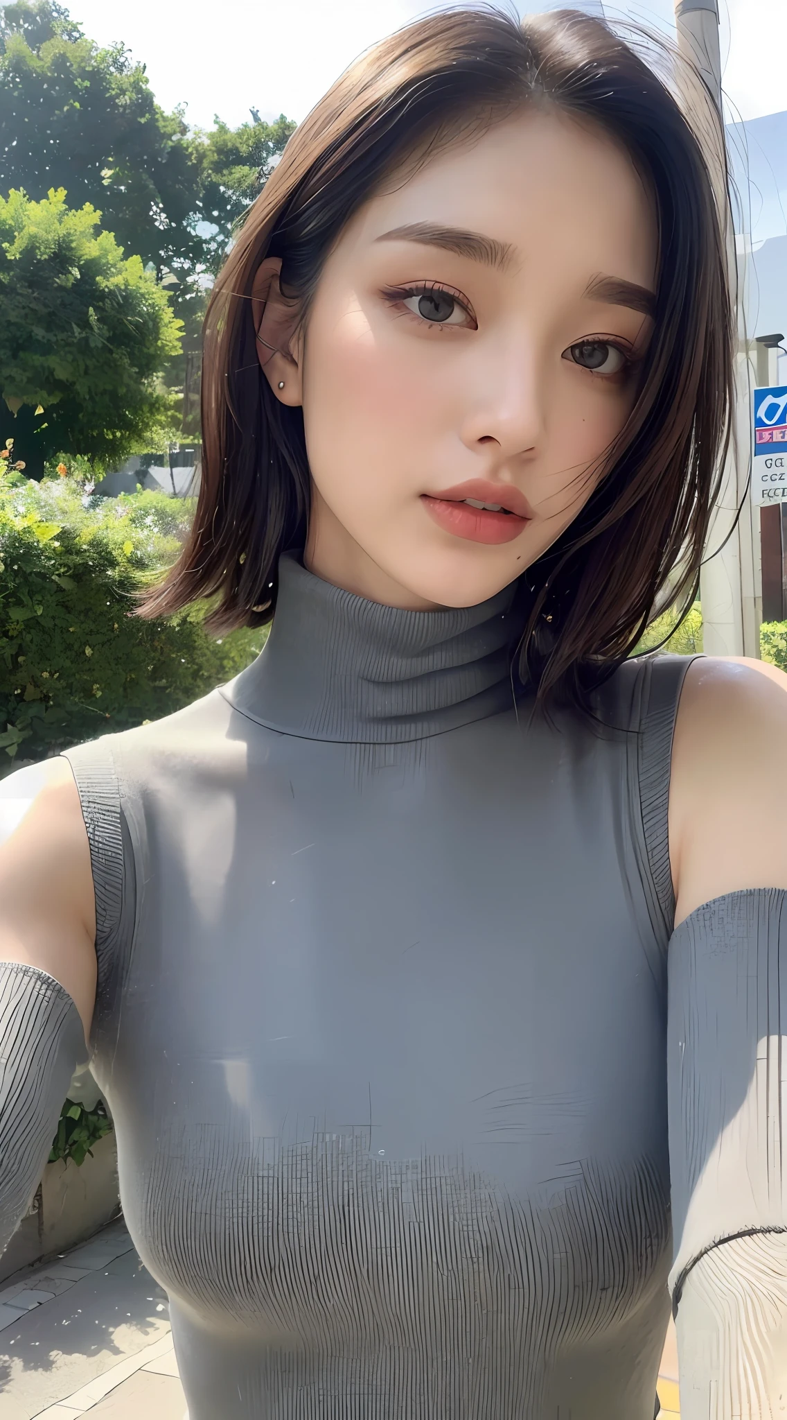 (Top Quality, 8K, Masterpiece: 1.3)), Sharp Focus: 1.2, Beautiful Women with Perfect Bodies: 1.4, Slim Abdomen: 1.2, (Layered Haircut, Large: 1.5)), (Small, Beautiful Hard, (Rain, Street: 1.2), Wet Body: 1.1, Highly Detailed Face and Skin Texture, Detailed Eyes, Double Eyelids, Turtleneck, tight sleeveless knit, the upper arms are thick, good posture,