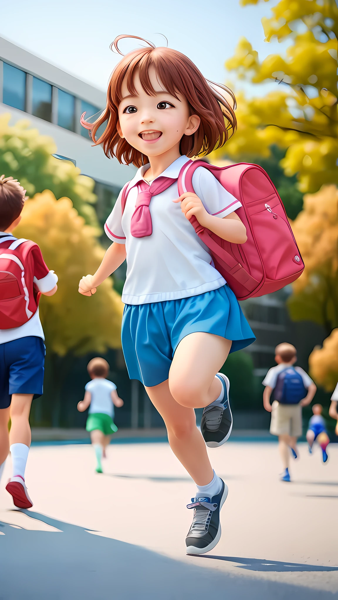 Two running children, a boy and a girl, on the school campus, behind the school building, carrying school bags, happy, happy, perfect quality, clear focus (clutter - home: 0.8), (masterpiece: 1.2) (Realistic: 1.2) (Bokeh) (Best quality) (Detailed skin: 1.3) (Intricate details) (8K) (Detail Eyes) (Sharp Focus), (Happy)