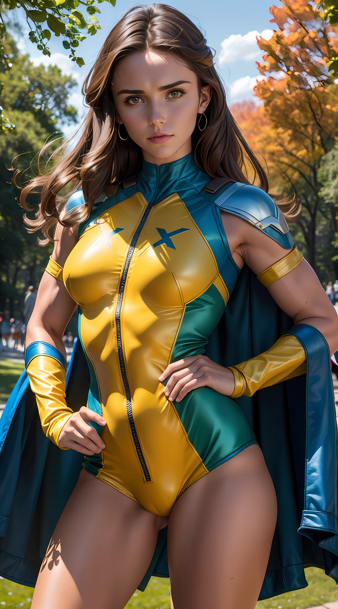 (8k, 4k, best quality, highres, ultra high res:1.1), (masterpiece, realistic, photo-realistic:1.1), 1 grown woman, Poppy Drayton as pryde kitten (from x-men), perfect anatomy, toned abs, sexy yellow and blue superhero costume, brown eyes, in central New York park, cowboy shot, perfect hands