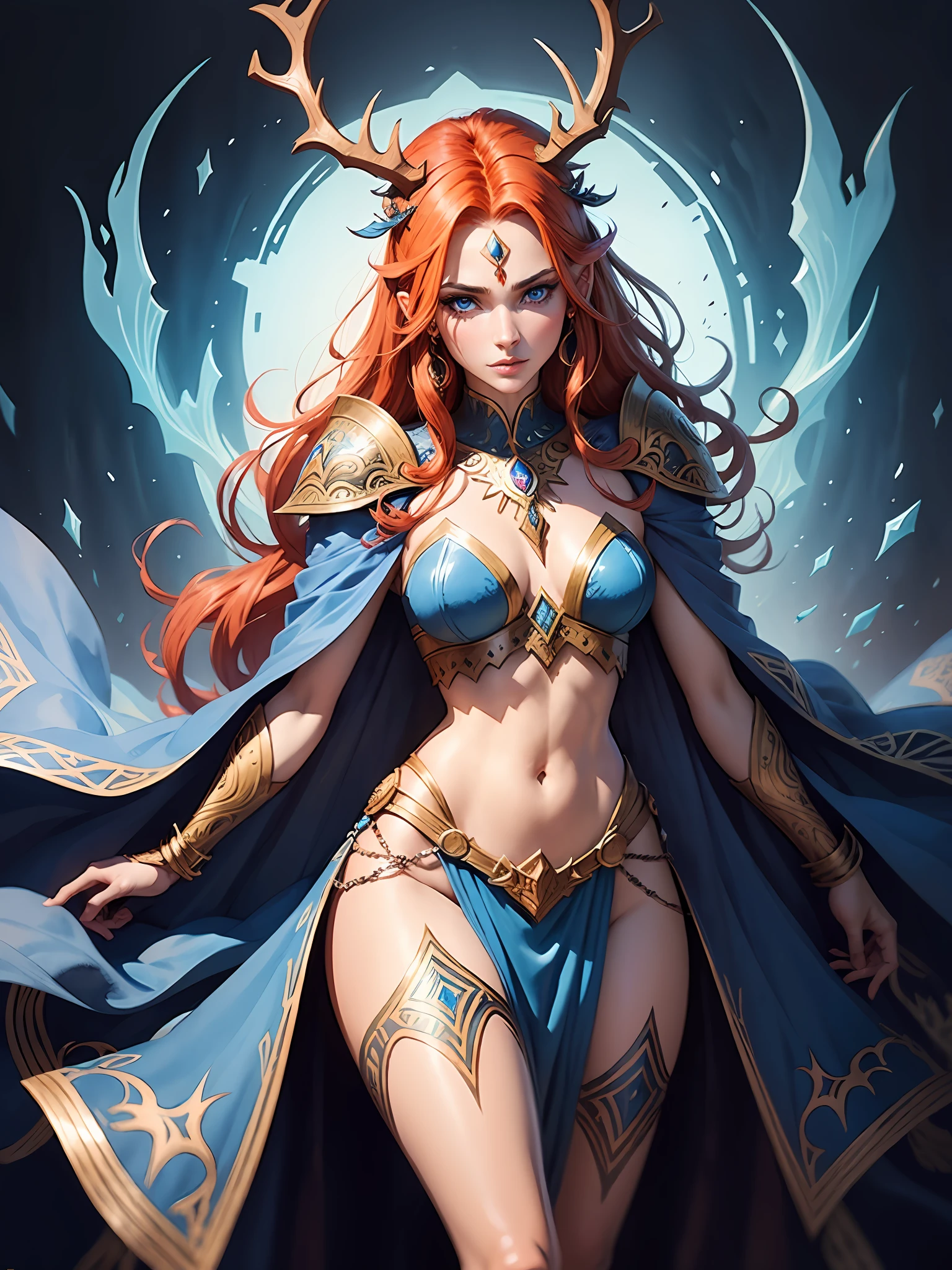 hand drawn sketch illustration of a beautiful dnd ifreet djinn girl with flaming red hair, blue eyes, symmetrical antlers, blue skin, leather armor, illustration, watercolor ink sketch, (best quality)), intricate detailed,