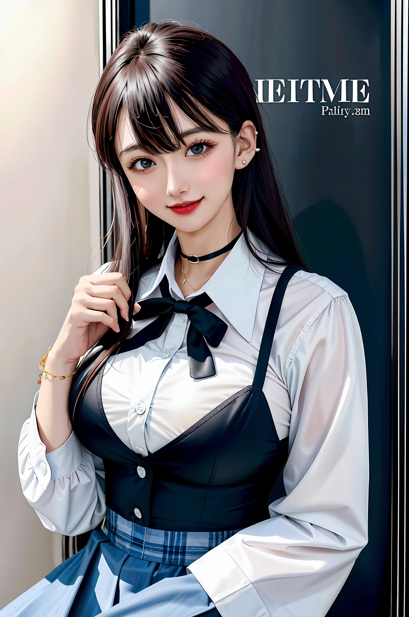 Masterpiece, Superb Piece, Full Body, 1Girl, Bangs, Black Choker, Black Tie, Black Hair, Blue Dress, Blush, Bracelet, Beautiful Breasts, Choker, Corsets, Collarbones, Collared Shirts, Denim Photos, Dress Shirts, Pierced Ears, Eyebrows Visible Through Hair, Gradient Hair, Grin, Gyaru, Jewelry, Kogal, Long Hair, Look at the Audience, Loose Tie, Tie, Piercing, Plaid Skirt, Plaid Skirt, Pleated Skirt, Red Eyes, Ring, School Uniform, Shirt, Skirt, Smile, Solo , white shirt, street, sky, cherry blossoms, petals, illustration, (magazine: 1.3), (cover style: 1.3), fashion, woman, vitality, dressing, posing, front, colorful, dynamic, background, element, confidence, expression, holding, statement, attachment, majestic, coiled, around, touch, scene, text, cover, bold, eye-catching, (title: 1.3), fashion, font, (catchy), bigger, eye-catching, modern, fashionable, focused, fashionable,