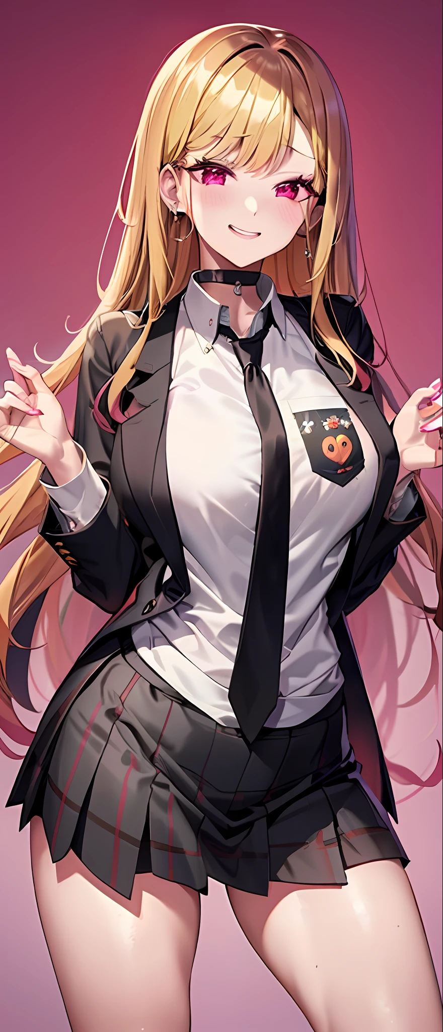 Marin Kitagawa is a slender and taller than average girl with fair skin
1
2
. She has dark brown eyes, but almost always wears dark pink contact lenses, outside of her cosplay appearances
3
. Her physique is rather thin, with a small waist
3
2
. Marin's hair is silky blonde, pink red or citrus orange at the tips and reaches about the hips
1
2
. Her forehead and eyebrows are mostly covered by her bangs, which extend to the beginning of her eyelashes
2
. Two strands of her hair flow down her shoulders and end near her chest region
1
.
Her school uniform consists of a white blazer with black lapels, a white vest with black buttons, a black shirt with a royal design, white pants, black shoes, a rainbow rose in her breast pocket and a white tie
4
5
.
As a cosplayer, Marin wears a variety of costumes and outfits designed and sewn by Gojo
3
. Some of her cosplay costumes include wigs to complement or alter her signature blonde hair
6
.
Overall, Marin Kitagawa is an eye-catching figure with her light hair, dark pink contact lenses, and slender figure. Their outfits vary depending on the situation and cosplay role, but their distinctive appearance remains unmistakable