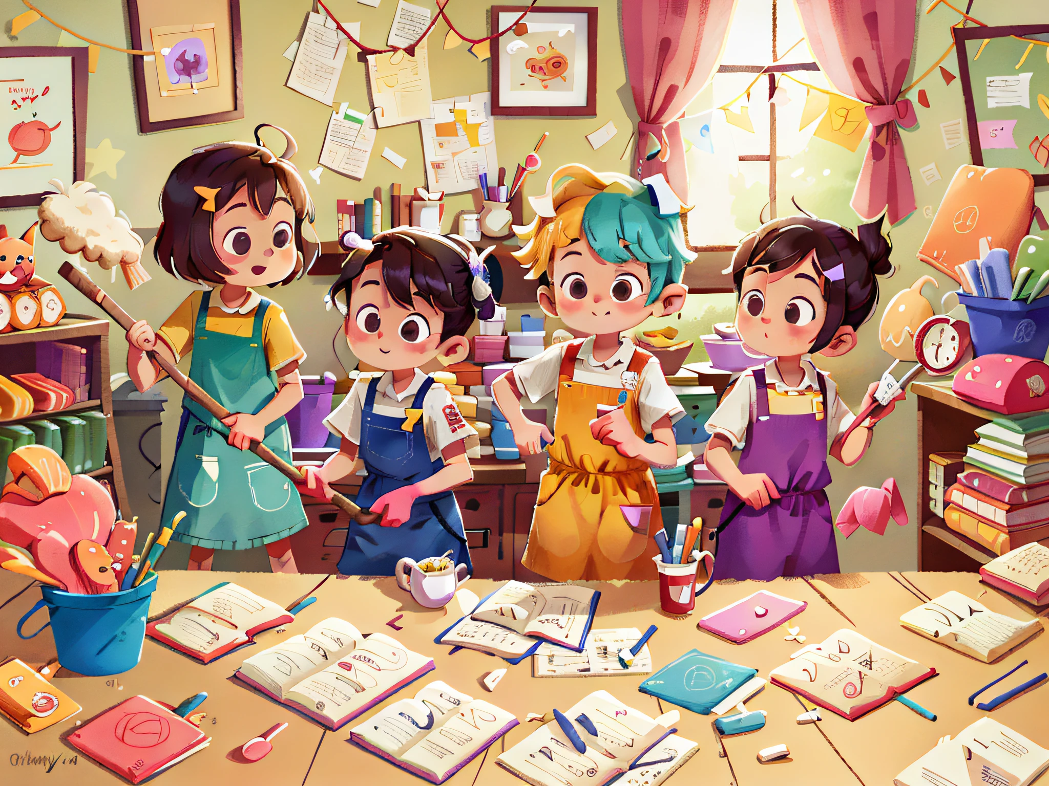 When their mom asked for help tidying up the house, the "Pillipillias" didn't think twice! With their colorful aprons, they swept the floor and helped organize the objects, leaving everything clean and tidy.