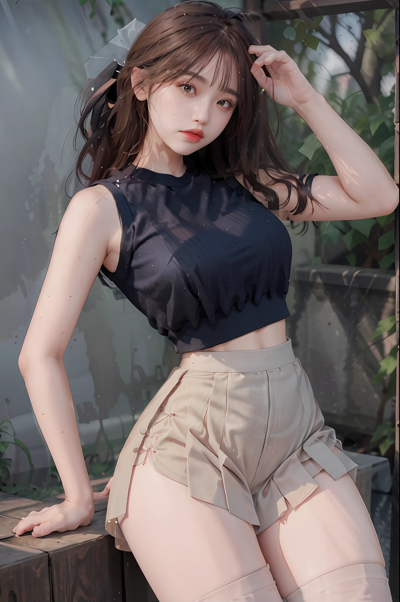 Masterpiece: 1.2, Best Quality), Realism, (Real Pictures, Rich Detail Detail, Depth of Field), (1 Girl, Solo), Makeup, Cleft Lip, High Detail, Perfect Face Shape, (: 1.4), (Skin Dents), Thick Thighs, Broad Buttocks, Thin Waist and High, Coral, Red Lips, Red Eyes, Ponytail (Girls, Tulle, Tulle Transparent), (Sweat: 1.2), (Wet), Sexy, Blush, (Shy Expression), Suspenders, Tank Tops, Short Skirts, Shorts, Yoga Pants, Tight Short Skirts, Tight shorts, stockings, fishnet socks, pajamas, pleated skirts, skirts, hip skirts,