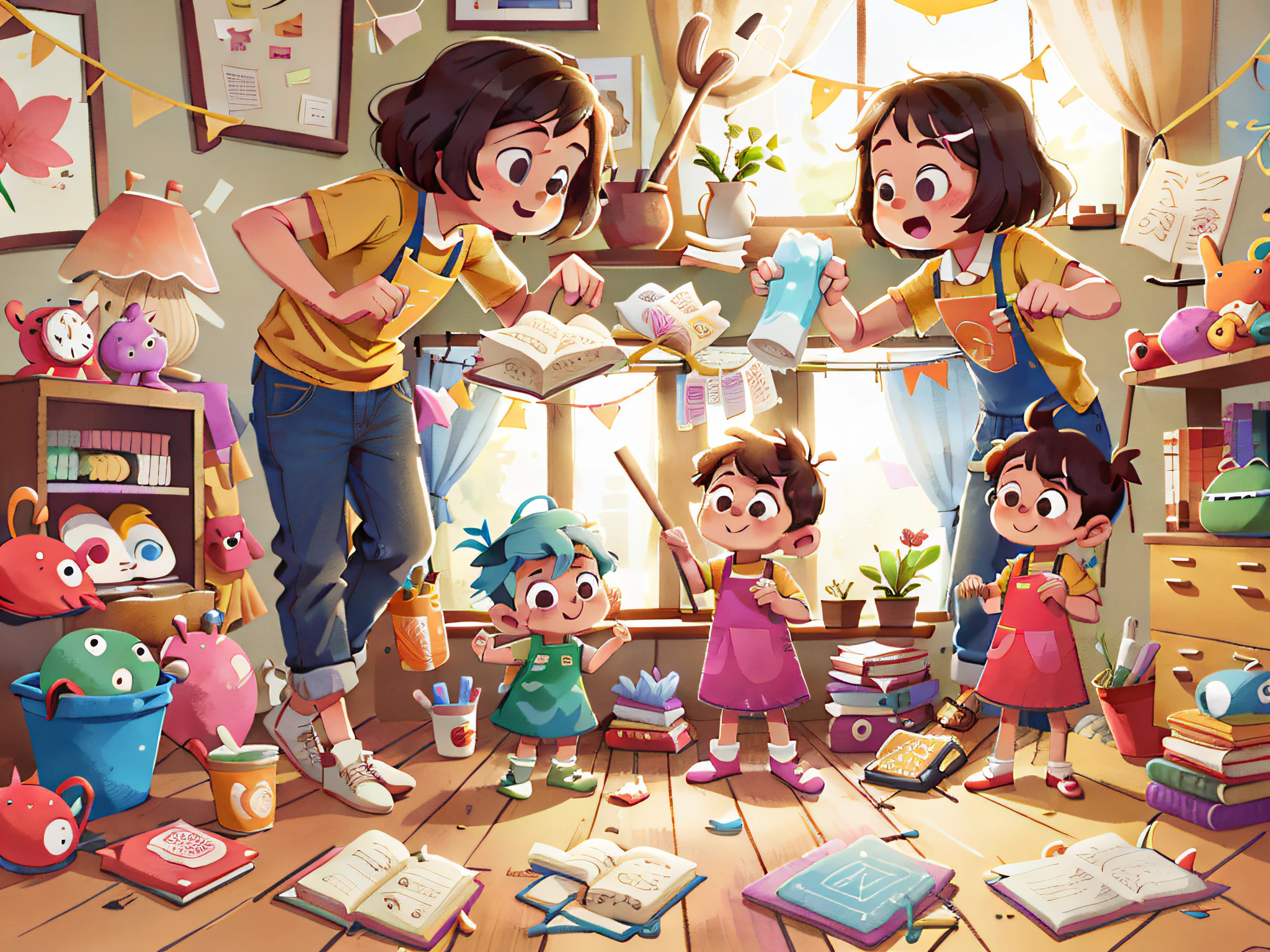 When their mom asked for help tidying up the house, the "Pillipillias" didn't think twice! With their colorful aprons, they swept the floor and helped organize the objects, leaving everything clean and tidy.