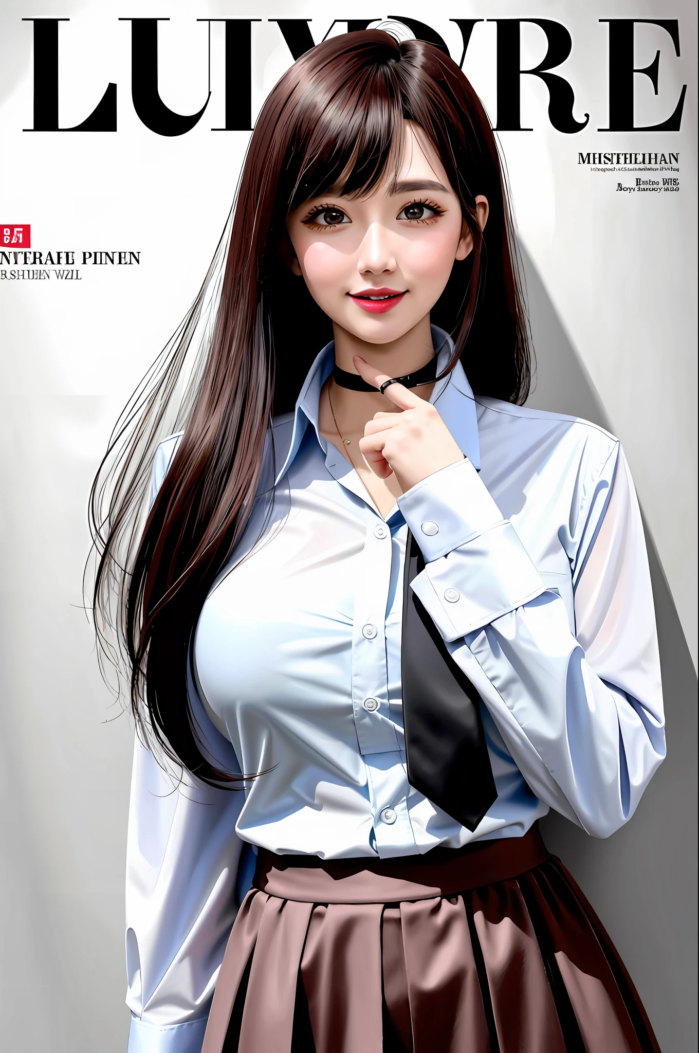 masterpiece, best quality, full body, 1girl, bangs, black choker, black necktie, black hair, blue skirt, blush, bracelet, breasts, choker, clothes around waist, collarbone, collared shirt, cowboy shot, dress shirt, ear piercing, eyebrows visible through hair, gradient hair, grin, gyaru, jewelry, kogal, long hair, looking at viewer, loose necktie, necktie, piercing, plaid, plaid skirt, pleated skirt, red eyes, ring, school uniform, shirt, skirt, smile, solo, white shirt, street, sky, cherry blossoms, petals,illustration, (magazine:1.3), (cover-style:1.3), fashionable, woman, vibrant, outfit, posing, front, colorful, dynamic, background, elements, confident, expression, holding, statement, accessory, majestic, coiled, around, touch, scene, text, cover, bold, attention-grabbing, title, stylish, font, catchy, headline, larger, striking, modern, trendy, focus, fashion,