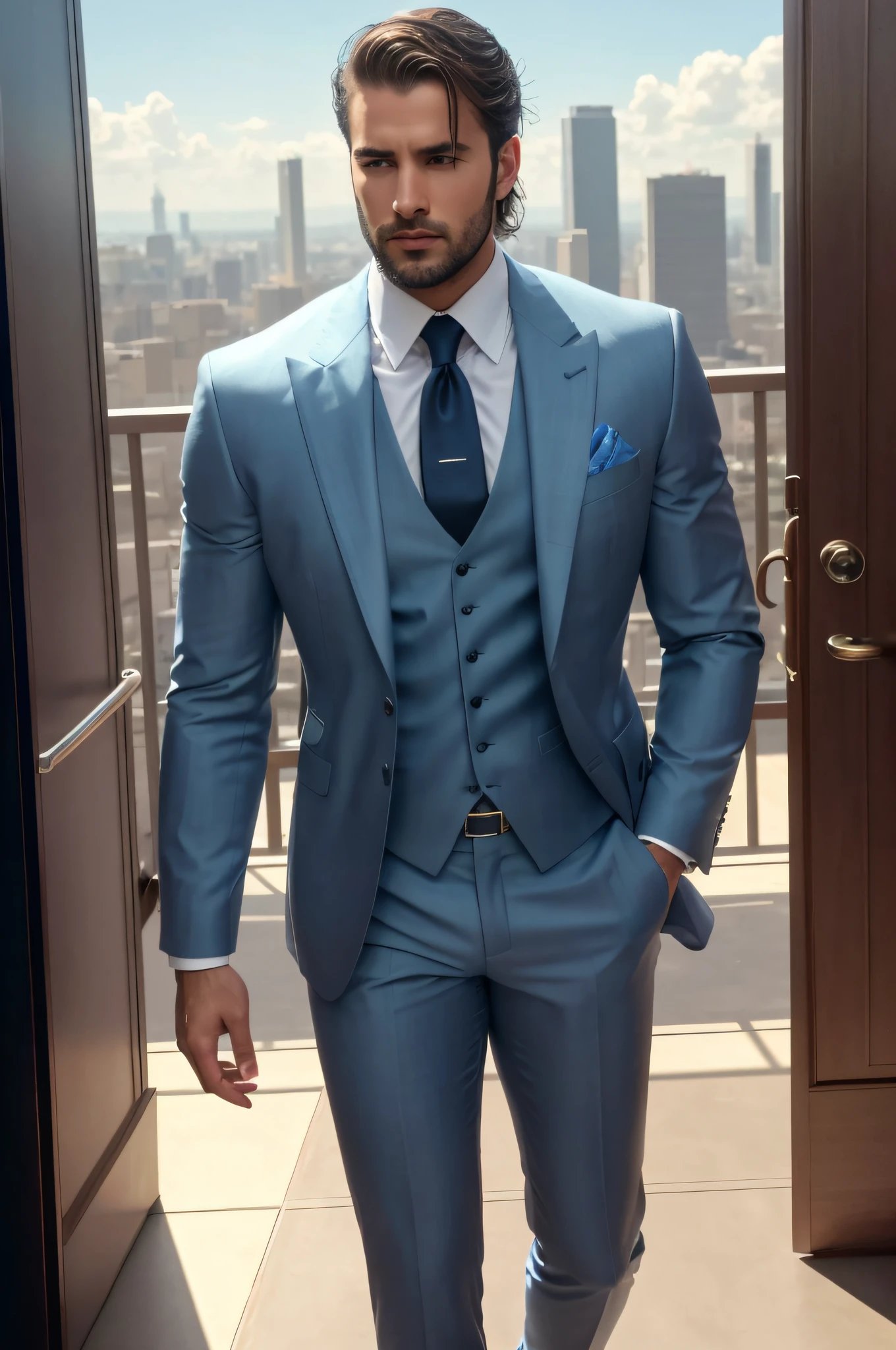 arafed man in a blue suit and tie standing in front of a door, wearing a light blue suit, handsome stunning realistic, blue suit, stylish suit, 3-piece-suit, handsome and elegant, wearing a stylish men's suit, elegant suit, wearing a suits, wearing fashion suit, high quality suit, blue realistic 3 d render, luxurious suit