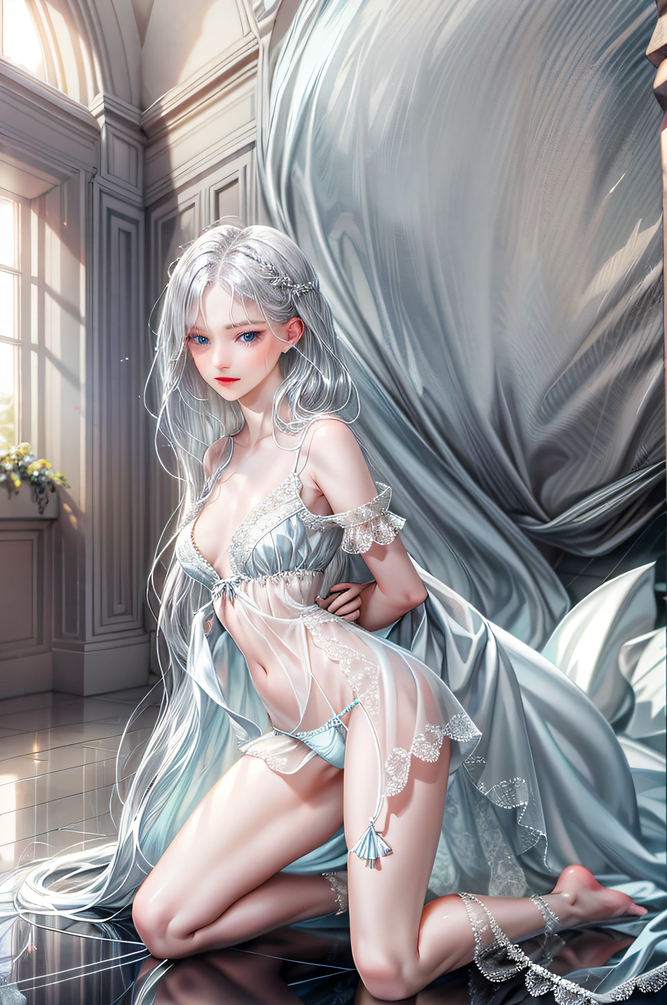 Girl with long straight (silver hair blue eyes), beautiful, thin, flat, tall (wearing a white sheer dress)), one with long hair, the other with short women, (white sheer blouse, no black miniskirt)), ((black sheer underwear biting)), sexy pose, lower body slender, back figure, gaze on the window side, buttocks sticking out, on all fours, buttocks facing side, provocative
