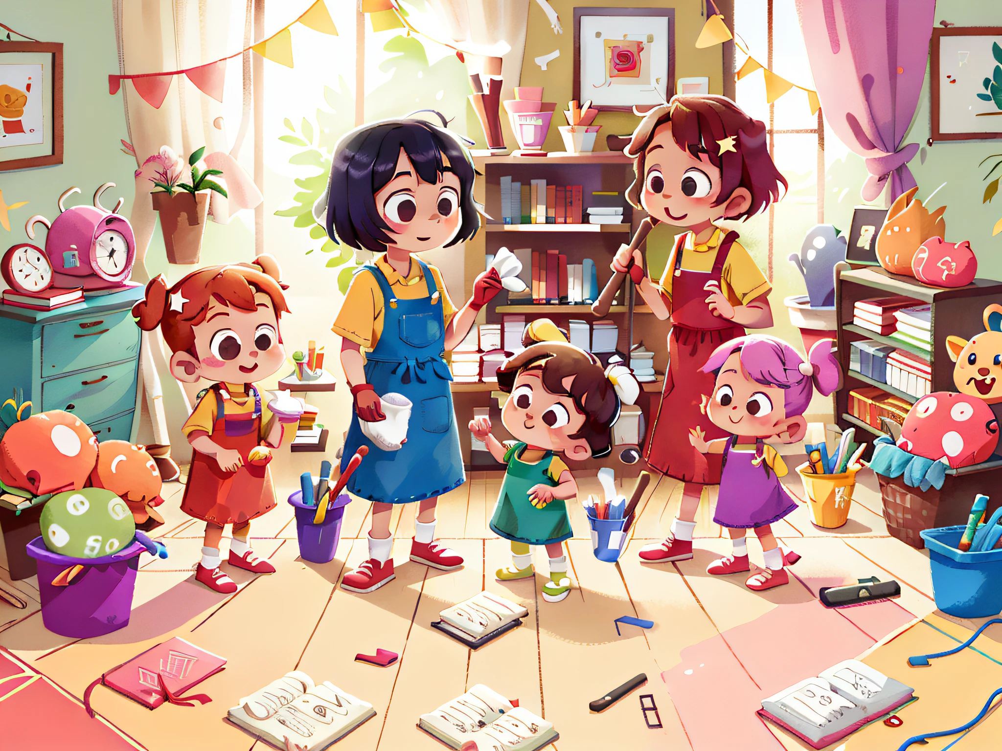 When their mom asked for help tidying up the house, the "Pillipillias" didn't think twice! With their colorful aprons, they swept the floor and helped organize the objects, leaving everything clean and tidy.