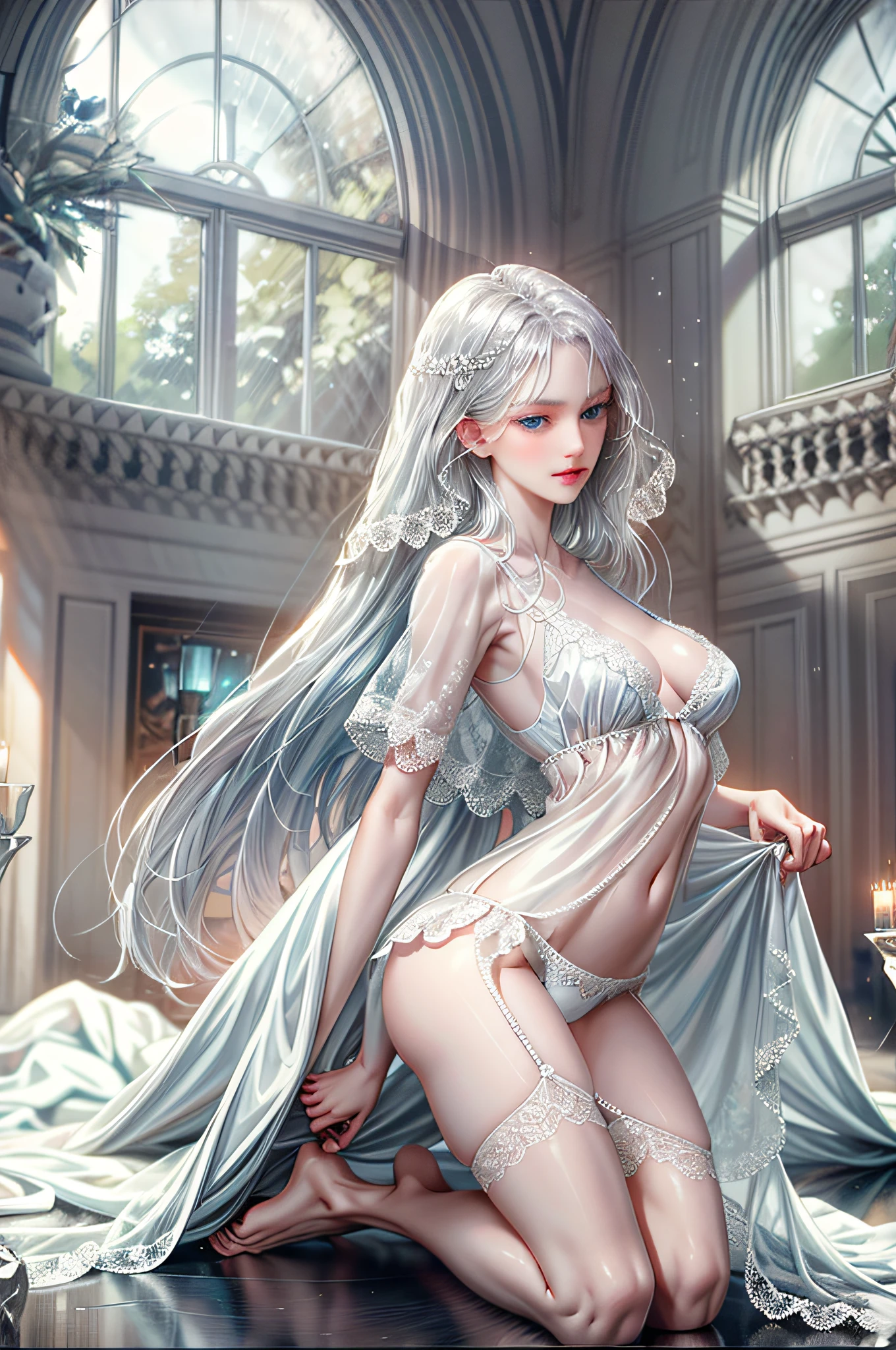 Girl with long straight (silver hair blue eyes), beautiful, thin, flat, tall (wearing a white sheer dress)), one with long hair, the other with short women, (white sheer blouse, no black miniskirt)), ((black sheer underwear biting)), sexy pose, lower body slender, back figure, gaze on the window side, buttocks sticking out, on all fours, buttocks facing side, provocative