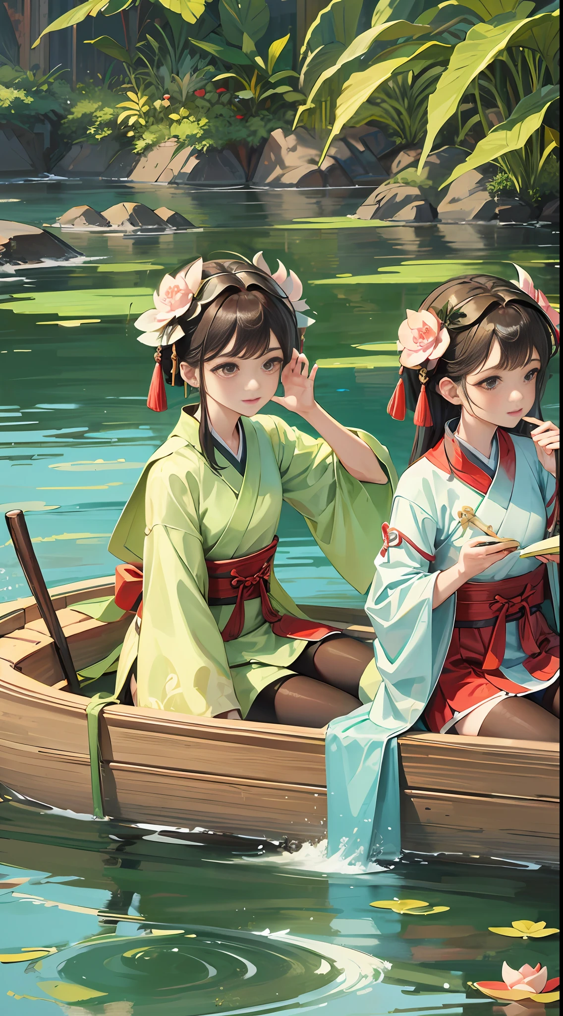 Dragon Boat Festival, on the surface of the water there are 3 children wearing Hanfu paddling on the dragon boat, there are delicious zongzi on the boat, green zongzi are super detailed, the best quality, there are lotus leaves on the water, super detailed --auto --s2