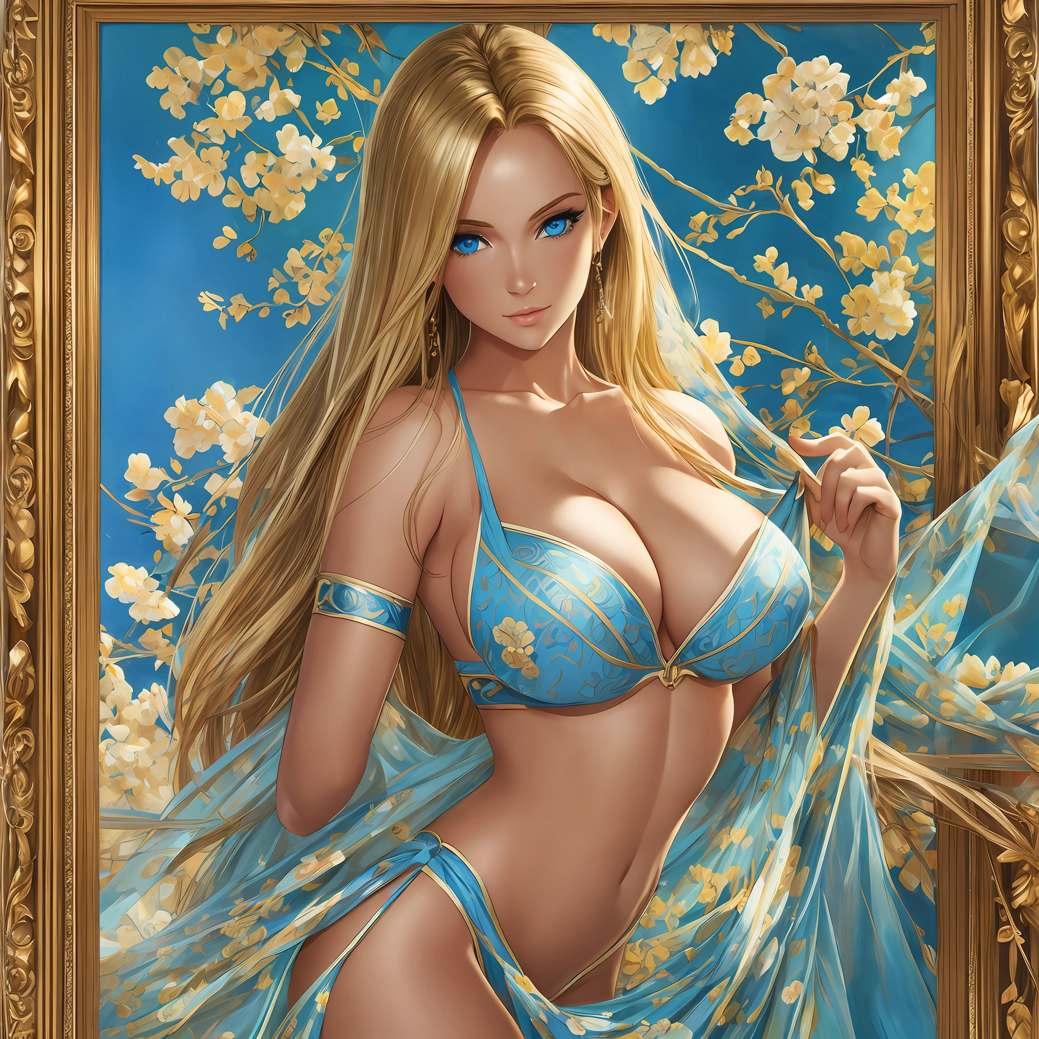 A picture of a beautiful woman, in a painting frame, bright blue eyes, curves of the perfect body, blonde, large breasts --auto --s2