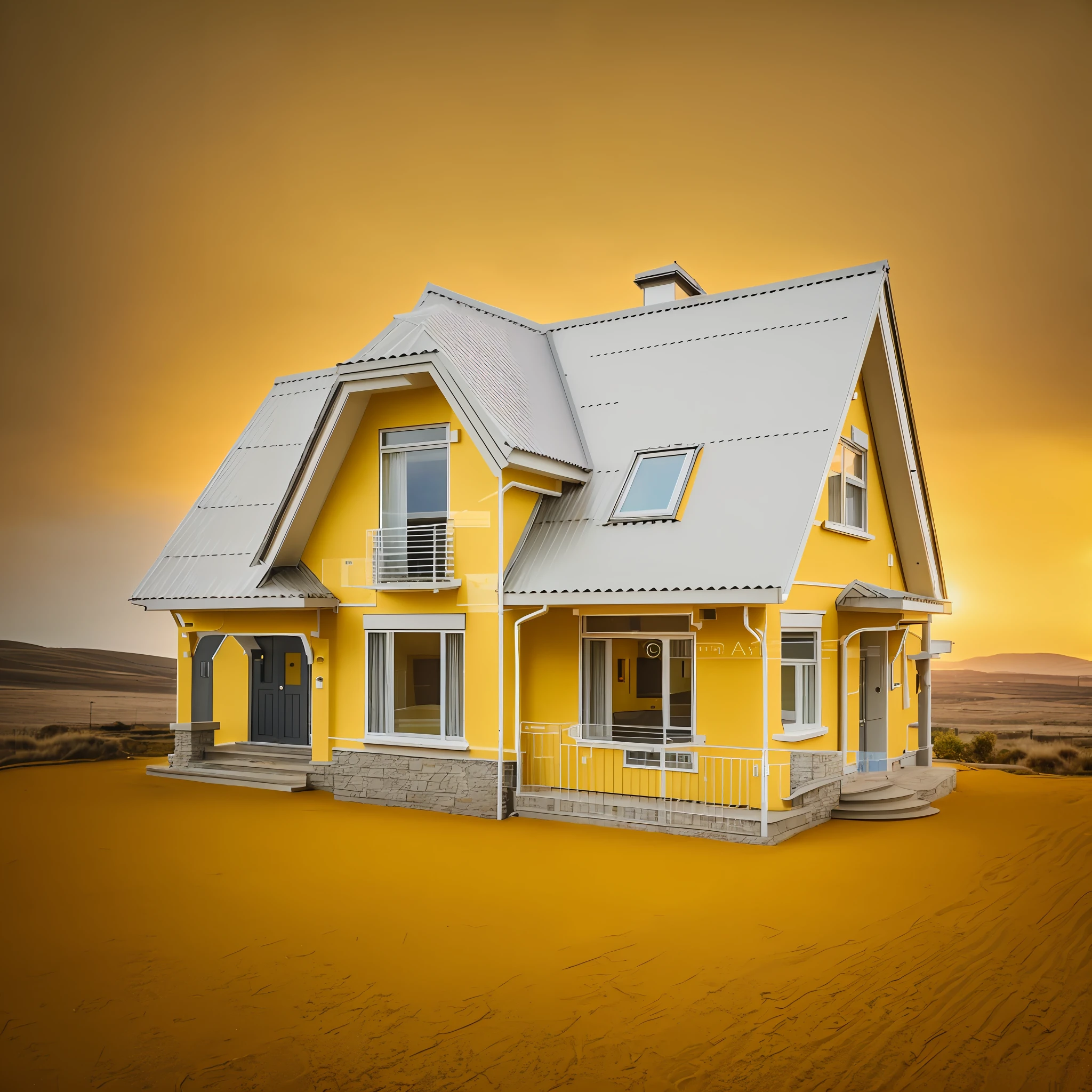 High quality photograph of a 2-storey modern yellow house with soft lighting, captured using a DSLR camera and Fujifilm XT3, featuring a film grain effect. The ultra-high definition 8K resolution adds to the crispness of the image.