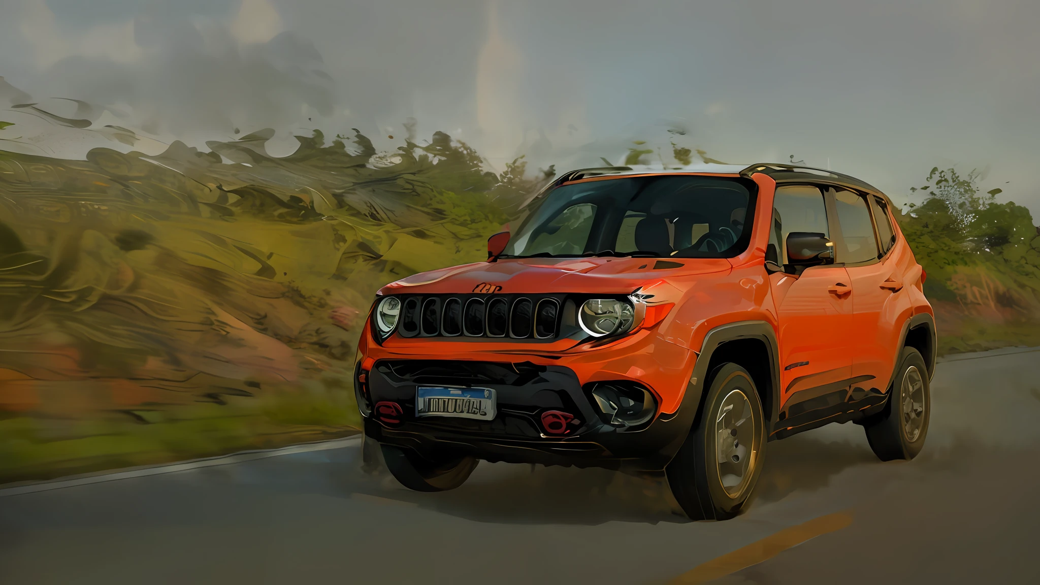 jeep renegade driving down a road with an overcast sky in the background, jeep renegade, , , vibrant and powerful, jeep renegade in the background, trailer, YouTube thumbnail, jeep renegade, ƒ/5.0, 8k 4k, 8k 4k, 🦩🪐🐞👩🏻🦳 🤮 💕 🤬 🎀 1 2k