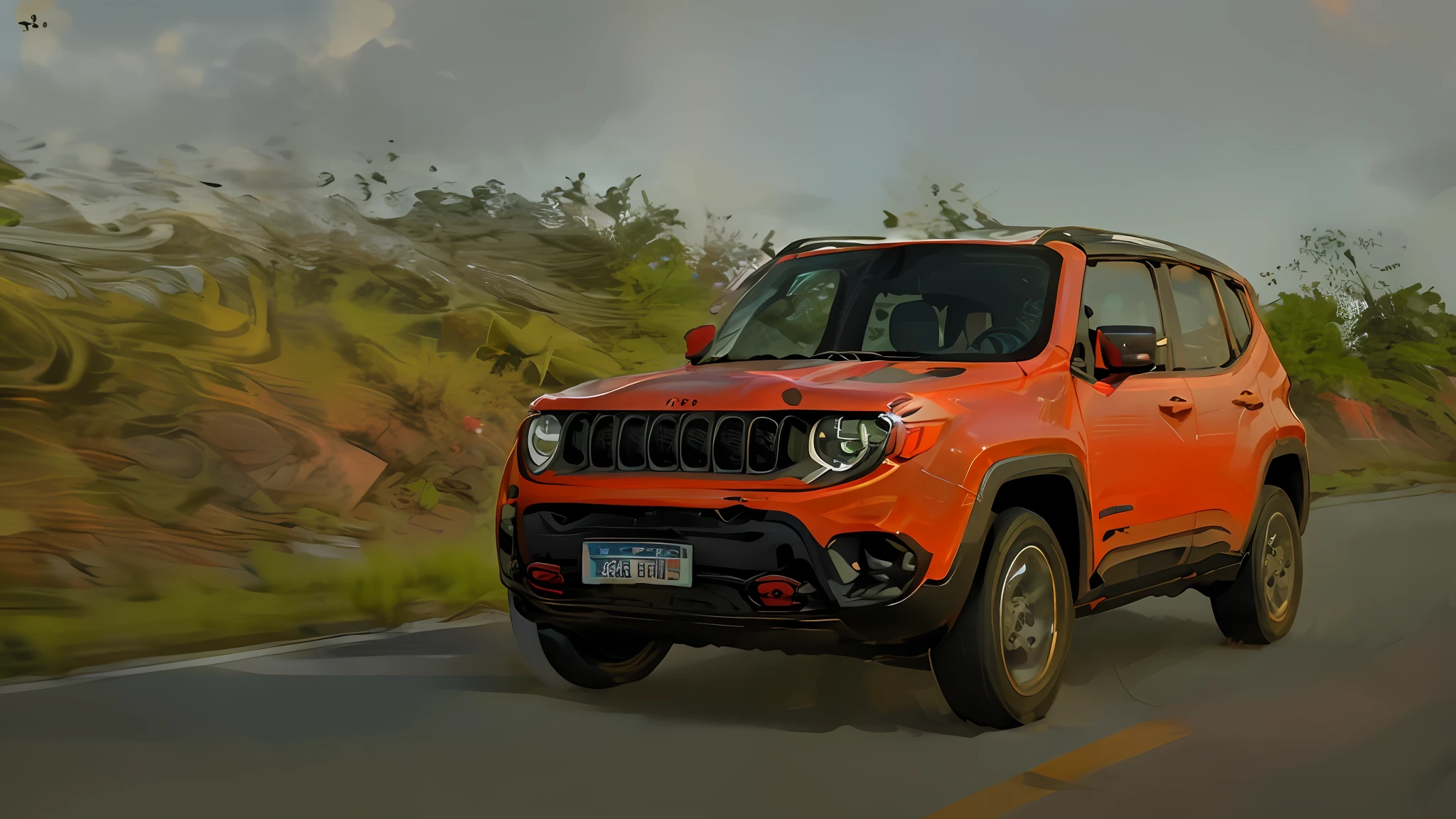 jeep renegade driving down a road with an overcast sky in the background, jeep renegade, , , vibrant and powerful, jeep renegade in the background, trailer, YouTube thumbnail, jeep renegade, ƒ/5.0, 8k 4k, 8k 4k, 🦩🪐🐞👩🏻🦳 🤮 💕 🤬 🎀 1 2k