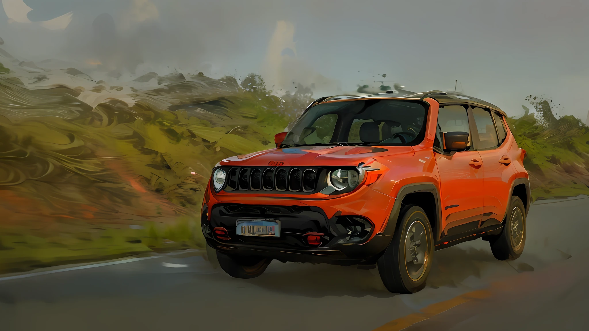 jeep renegade driving down a road with an overcast sky in the background, jeep renegade, , , vibrant and powerful, jeep renegade in the background, trailer, YouTube thumbnail, jeep renegade, ƒ/5.0, 8k 4k, 8k 4k, 🦩🪐🐞👩🏻🦳 🤮 💕 🤬 🎀 1 2k