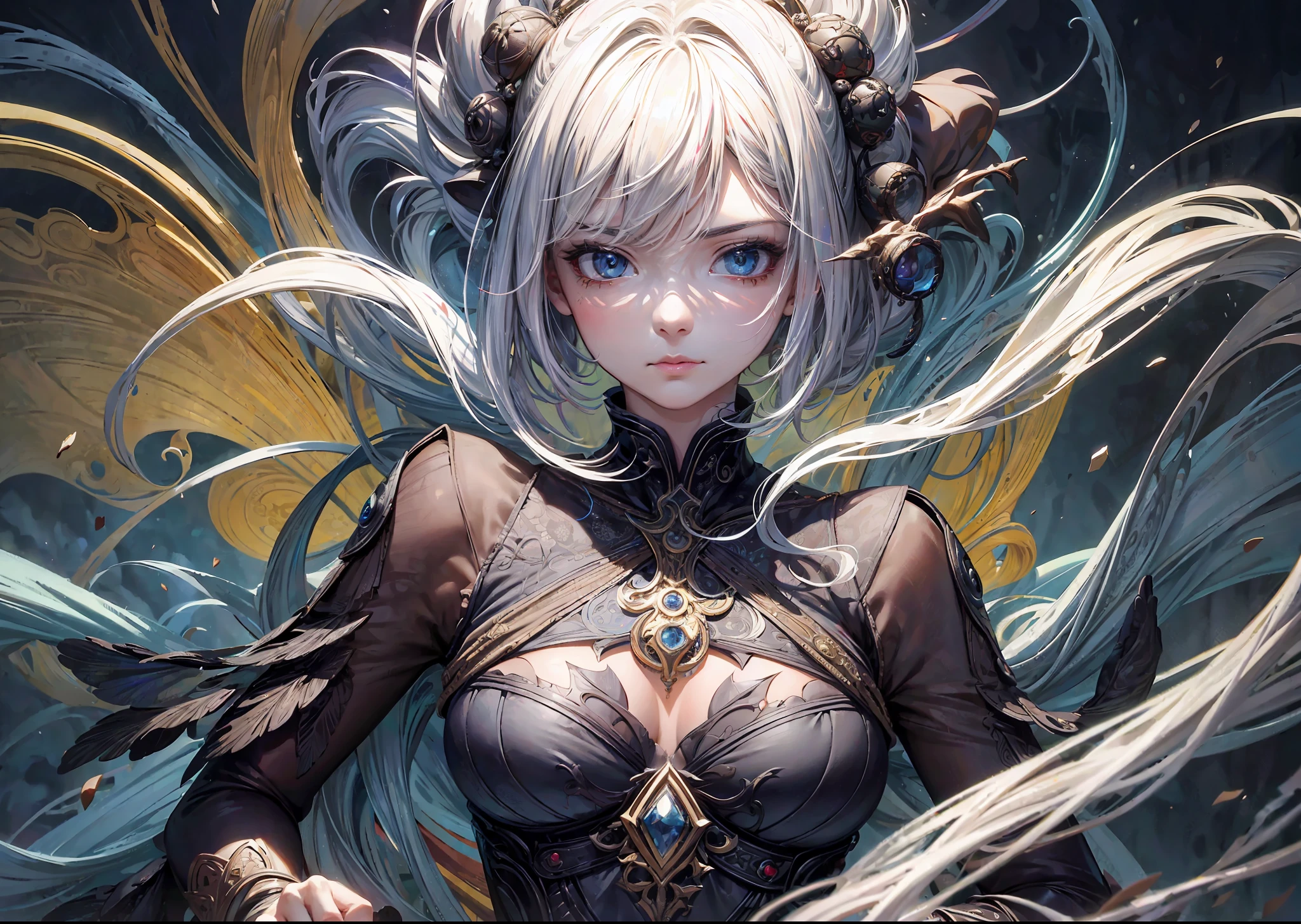 ((Best quality)), ((masterpiece)), ((highly intricate details)),beautiful, high quality, highres, absurdres, light difussion, intricate details, complex details, ((anime)), (anime:1.2) , (perfect face:1.3), extreme detailed eyes, colorful, highest detailed, vibrant colors, high contrast, (8K UHD:1.2), (photorealistic:1.2),(masterpiece:1.4), (best quality:1.4), realistic, 1girl
medium breasts, wavy hair,official art, unity 8k wallpaper, ultra detailed, beautiful and aesthetic, masterpiece, best quality, (zentangle, mandala, tangle, entangle), (fractal art:1.3) , 1girl, extremely detailed, dynamic angle, cowboyshot, the most beautiful form of chaos, elegant, a brutalist designed, vivid colours, romanticism, by james jean, roby dwi antono, ross tran, francis bacon, michal mraz, adrian ghenie, petra cortright, gerhard richter, takato yamamoto, ashley wood, atmospheric, ecstasy of musical notes, streaming musical notes visible, white short hair, close up, perfect fingers, perfect hands, 1 girl,upper body