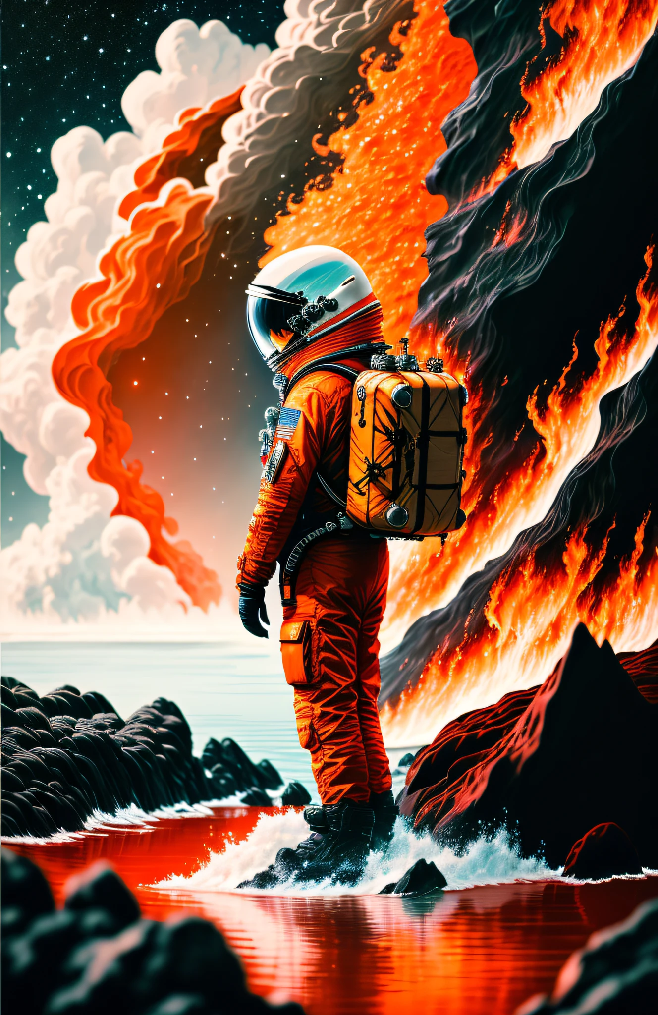 "An exquisitely-detailed depiction of an astronaut bravely standing amidst contrasting elements - fiery lava on his left and shimmering water on his right. The composition is captivating and dynamic, capturing the awe-inspiring beauty and danger of outer space exploration."