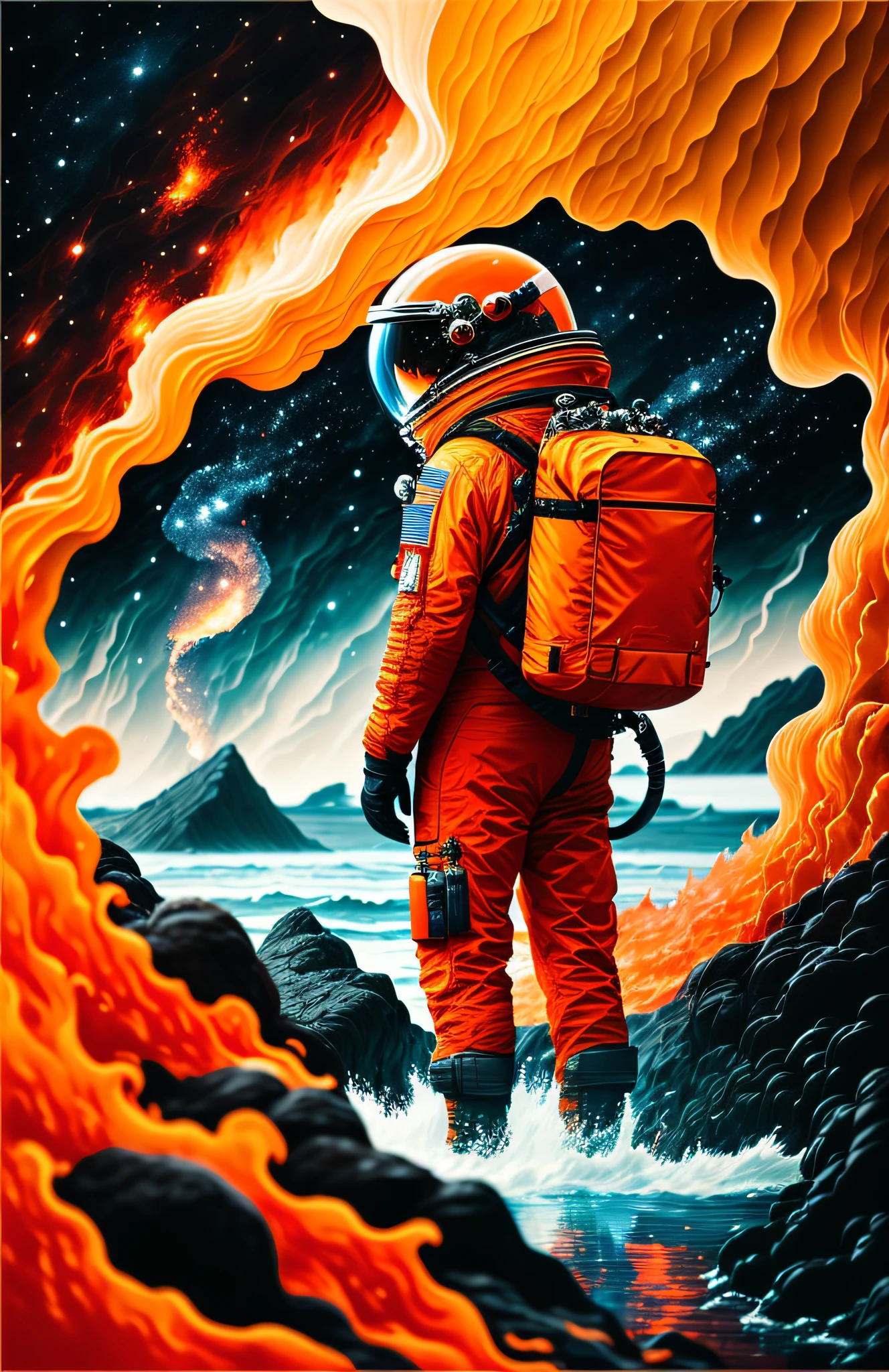"An exquisitely-detailed depiction of an astronaut bravely standing amidst contrasting elements - fiery lava on his left and shimmering water on his right. The composition is captivating and dynamic, capturing the awe-inspiring beauty and danger of outer space exploration."