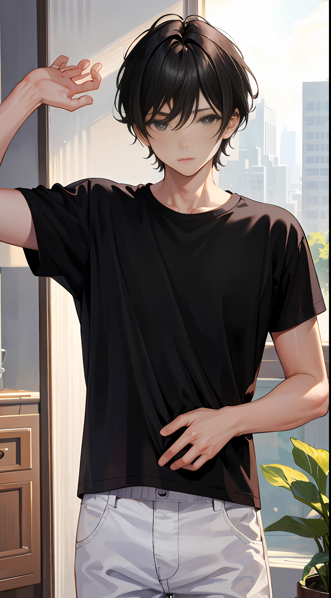 masterpiece, best quality, super detailed, illustration, beautiful detailed eyes, close up, 1 boy, short black hair, comma hair, white t-shirt, black pants, at home, on the doorstep