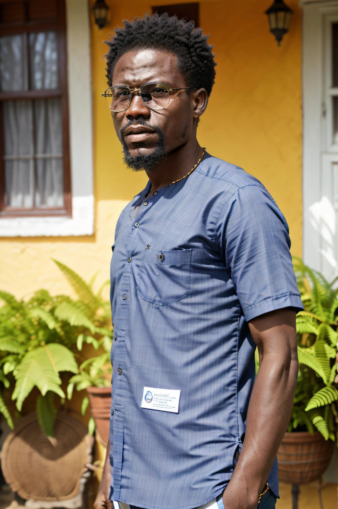 There is a man standing outside a house wearing a blue shirt, inspired by Ras Akyem, George Pemba, a curly-haired West Indian man, Alphonse Muca, taken in the early 2020s, in the style of Davey Adesida, in 2 0 1 2, hi Mark (Akwaaba Tommy), Edward Buba