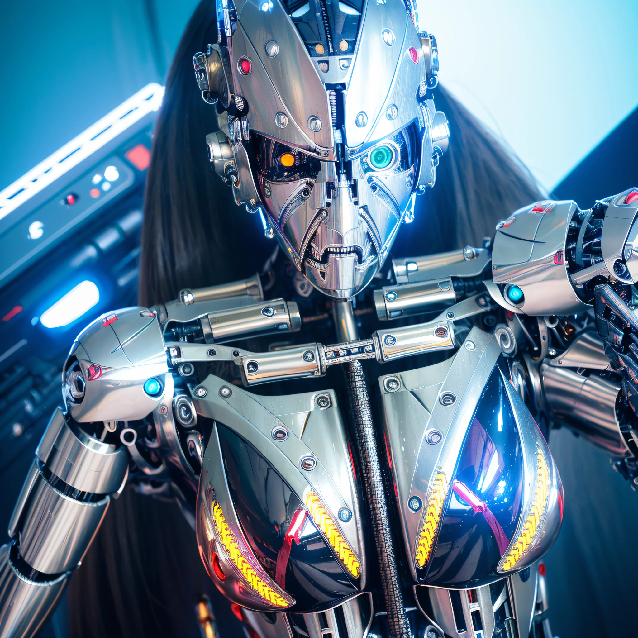 1girl, solo, Japanese girl, (((cyborg:1.4))), cyborg girl, cyborg armor, cyborg clothing, beautiful detailed eyes, finely detail, bright pupils, turquoise eyes, full body, large breasts:0.2, (((floating hair))), looking at viewer, pov, female focus, puffy eyes, short hair, bob hair, air bangs, dynamic pose, dynamic angle, close-up, fighting stance, fighting pose, run forward, running,(((golden metallic color | red metallic color | blue metallic color))),(((Metallic luster, metal reflective, mechanical details, extremely mechanical details, complex mechanical structure))), (((Mirrored Power Armor))), defeated, corpse, bleed, battlefield, mechanized background, giant robot in the background, outdoors, cinematic lighting, Cyberpunk world. Cyberpunk metropolis, neon, Sci-fi style, sfw:1.98,