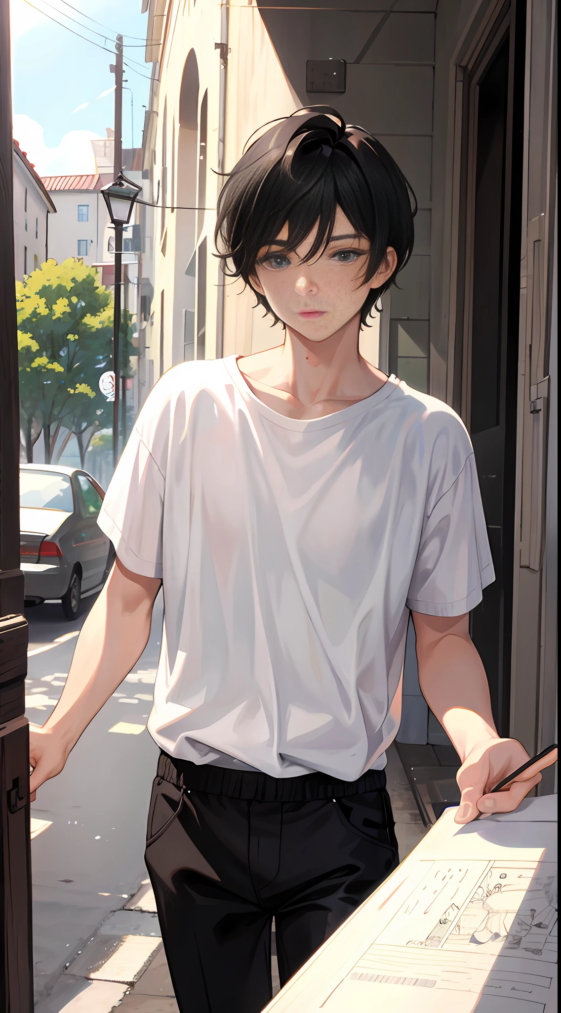 masterpiece, best quality, super detailed, illustration, beautiful detailed eyes, close up, 1 boy, short black hair, comma hair, white t-shirt, black pants, at home, on the doorstep