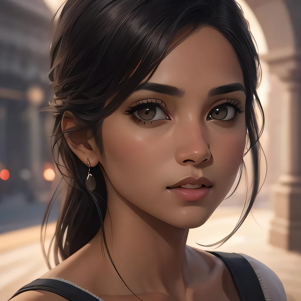 Btflindngds, a beautiful girl, brown eyes, Indian, mid shot, photorealistic painting by artgerm and (greg rutkowski:0.3), portrait, (dynamic:0.4) lighting