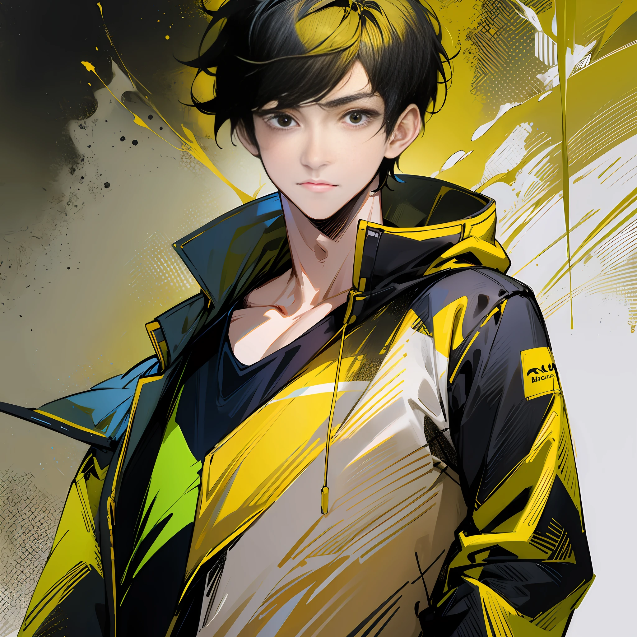 1boy, style image of man in bright yellow jacket and black eyes, short black hair, white background