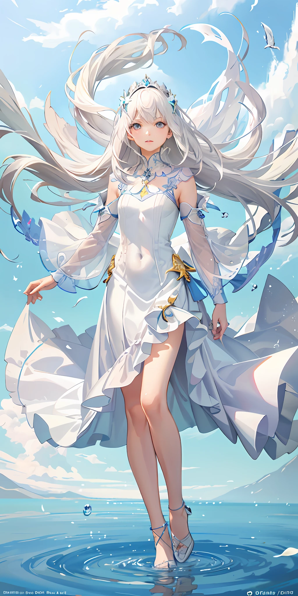 Top Quality, Full Body, High Quality Texture, Fine-grained, Realistic Expression of Face, Detailed Skin, Anime, Girl, Gentle Eyes, Sexy, Mix, Model, Illustration, Portrait, Semireal, Princess, Dress, White Dress, Fair Skin, Wind Flower, Meadow, Water Lake, Sun, Light, (Small), White Hair