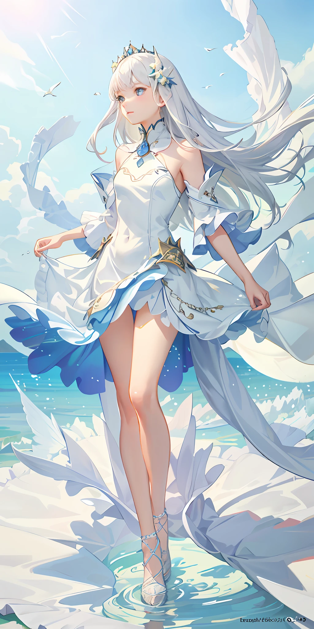 Top Quality, Full Body, High Quality Texture, Fine-grained, Realistic Expression of Face, Detailed Skin, Anime, Girl, Gentle Eyes, Sexy, Mix, Model, Illustration, Portrait, Semireal, Princess, Dress, White Dress, Fair Skin, Wind Flower, Meadow, Water Lake, Sun, Light, (Small), White Hair