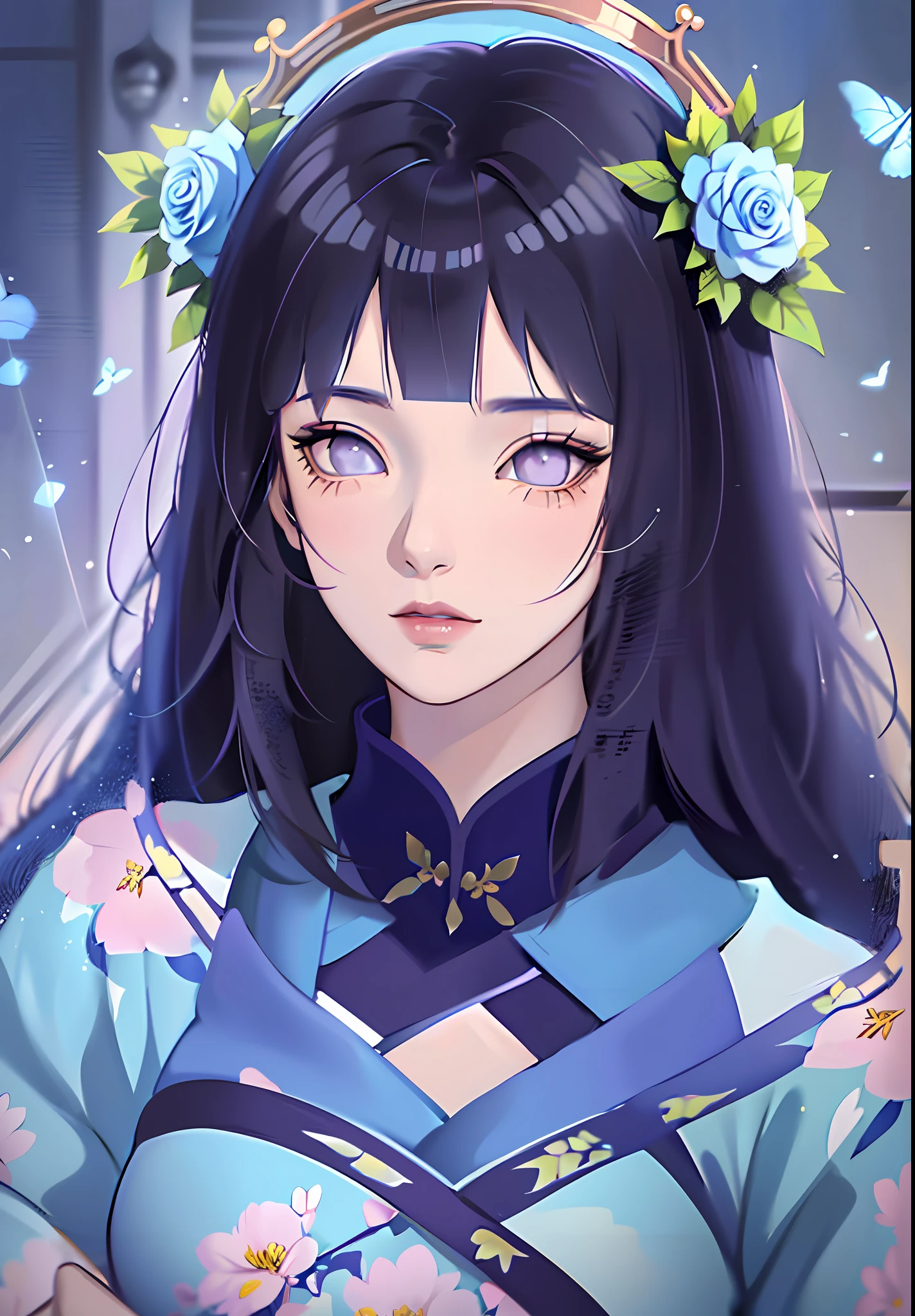 anime girl with dark blue hair wearing a blue dress, artwork in the style of guweiz, beautiful anime portrait, guweiz, beautiful anime girl, beautiful anime style, anime girl with dark blue hair, anime style. 8k, in the art style of bowater, beautiful digital illustration, beautiful character painting, stunning anime face portrait, ((blunt bangs)), purple eyes, (((flowers crown))),  surrounded by blue butterflies,  (((dynamic angle)))