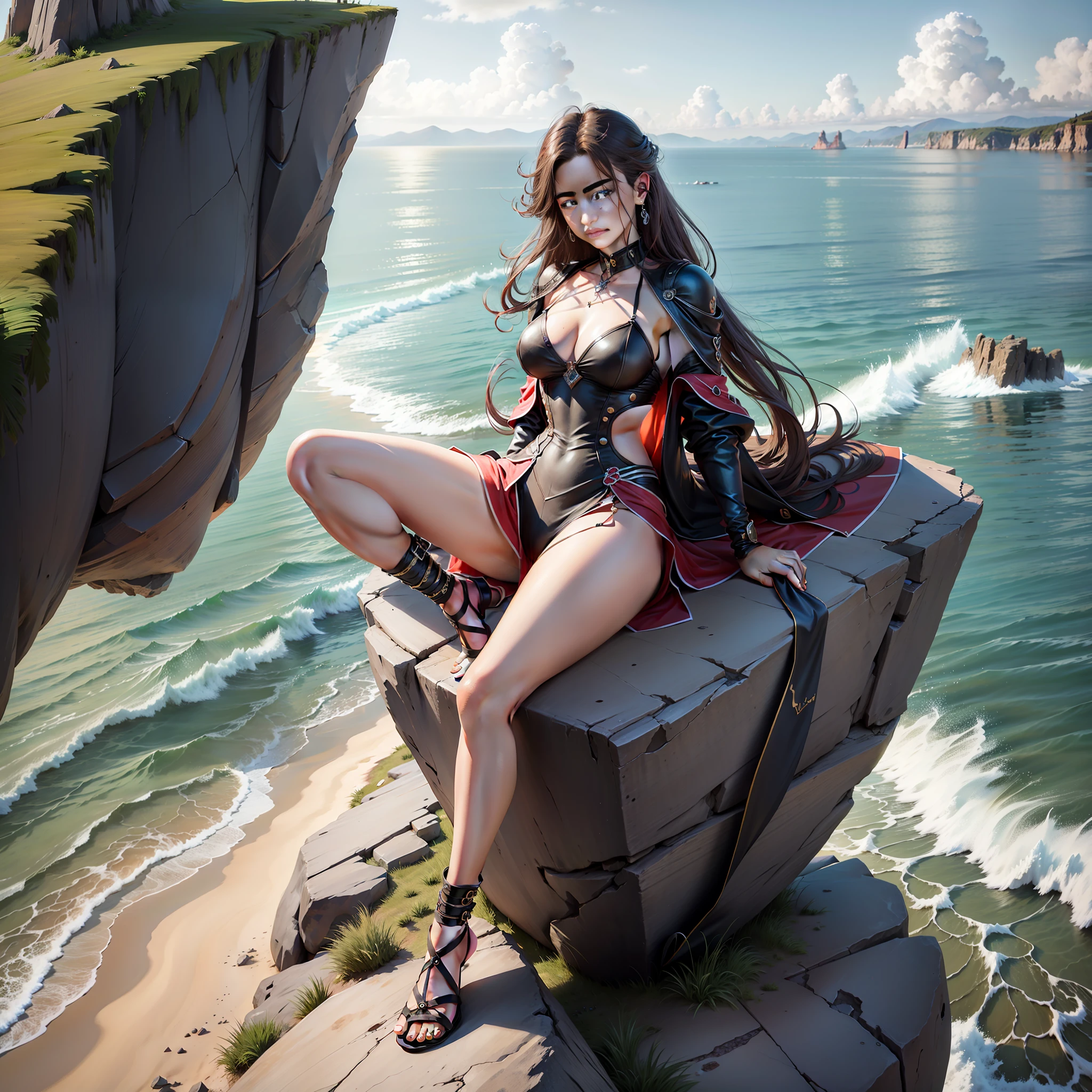 A high-resolution, 8K, UHD image depicts a young, perfect, beautiful, 18-year-old in a majestic pose, perched on top of a soaring rock as she looks out over the horizon and the vast sea in front of her. Her slender and graceful body is displayed in all its glory, with every curve and detail captured in an ultra-realistic quality.
