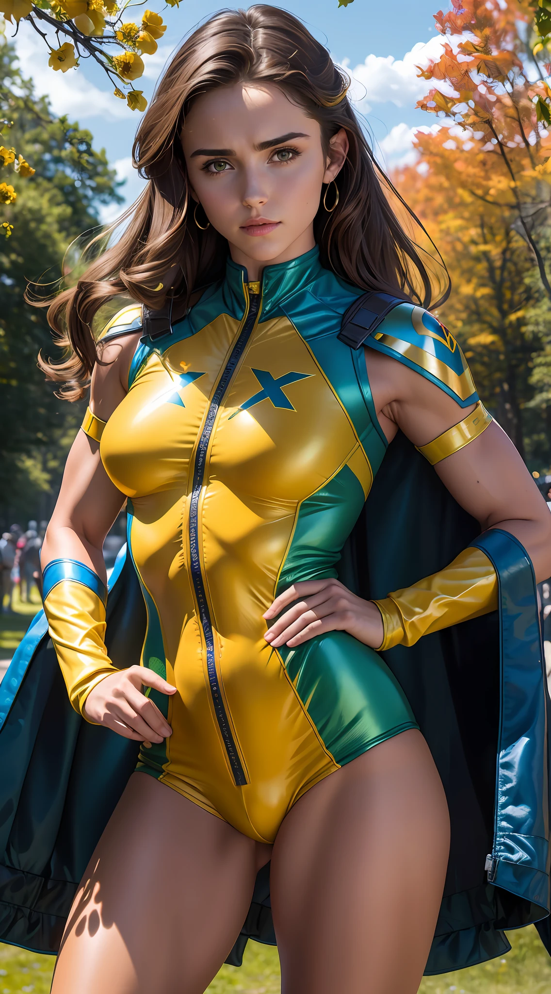 (8k, 4k, best quality, highres, ultra high res:1.1), (masterpiece, realistic, photo-realistic:1.1), 1 grown woman, Poppy Drayton as pryde kitten (from x-men), perfect anatomy, toned abs, sexy yellow and blue superhero costume, brown eyes, in central New York park, cowboy shot, perfect hands