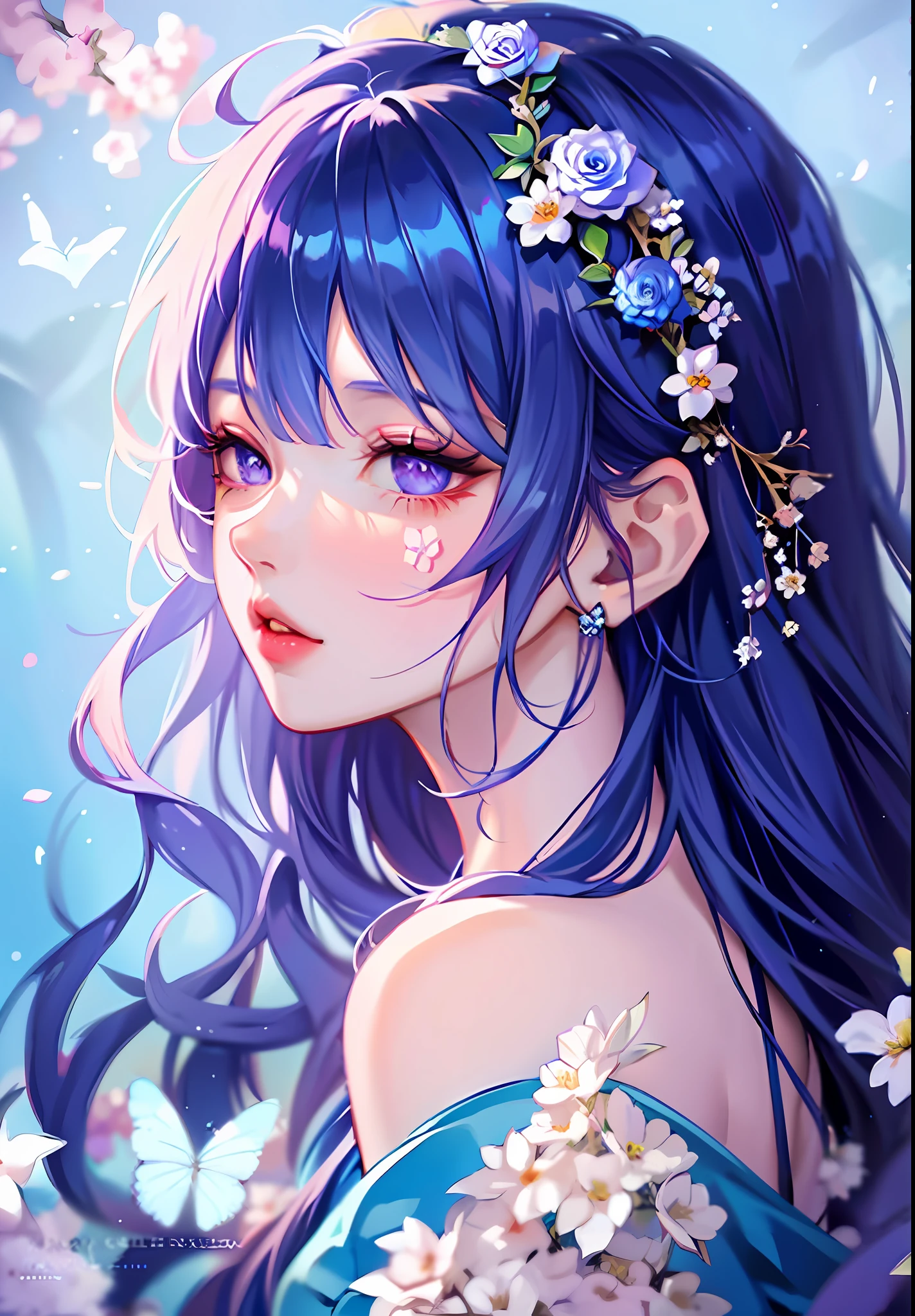 anime girl with dark blue hair wearing a blue dress, artwork in the style of guweiz, beautiful anime portrait, guweiz, beautiful anime girl, beautiful anime style, anime girl with dark blue hair, anime style. 8k, in the art style of bowater, beautiful digital illustration, beautiful character painting, stunning anime face portrait, ((blunt bangs)), purple eyes, (((flowers crown))), surrounded by blue butterflies, (((dynamic angle)))