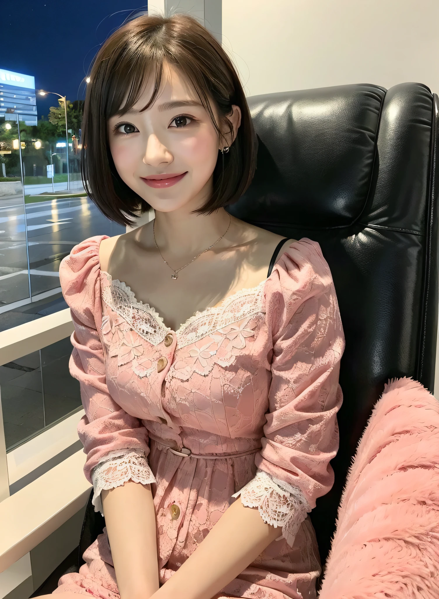 (8k, top quality, masterpiece: 1.2), (realistic, photorealistic: 1.37), super detailed, Japan person, girl 1 person, cute, lovely, adorable, alone, beautiful detailed sky, detailed café, night, sitting, date, (blush), (smile: 1.15),(closed)big,beautiful fine eyes,business wear,white lace,(short hair:1.2),floating hair NovaFrogStyle,