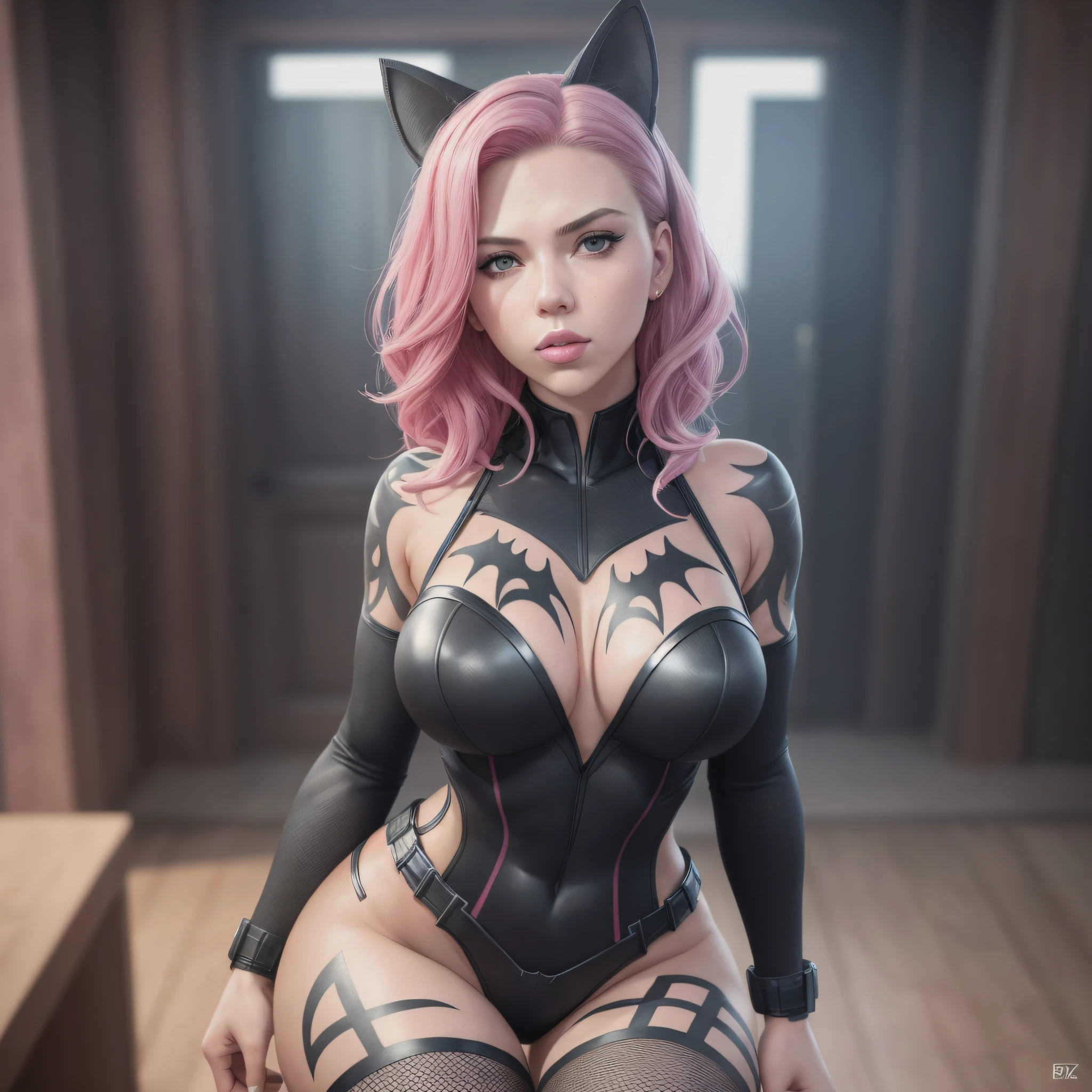 Realistic scarlett face, scarlett johansson, Sensual face, ultra realistic face, with batmam costume, batman, half pink hair, scarlett johansson with cat woman outfit, court jester chapel, realistic, best quality, 8k, 4k UHD (best quality), Batgirl outfit, suplex tights, cat woman DRESS, with big breasts, big symmetrical ass, turned legs, defined thighs, muscular thighs, sensual body, muscular legs, fit body, very detailed body, symmetrical body, correct proportion body, whole body, tattoo on ass with nibe heart tattoo deck, sensual pose, (8k, RAW photo, best quality, masterpiece: 1.2), realistic look, full body action pose, sensual pose, --auto --s2